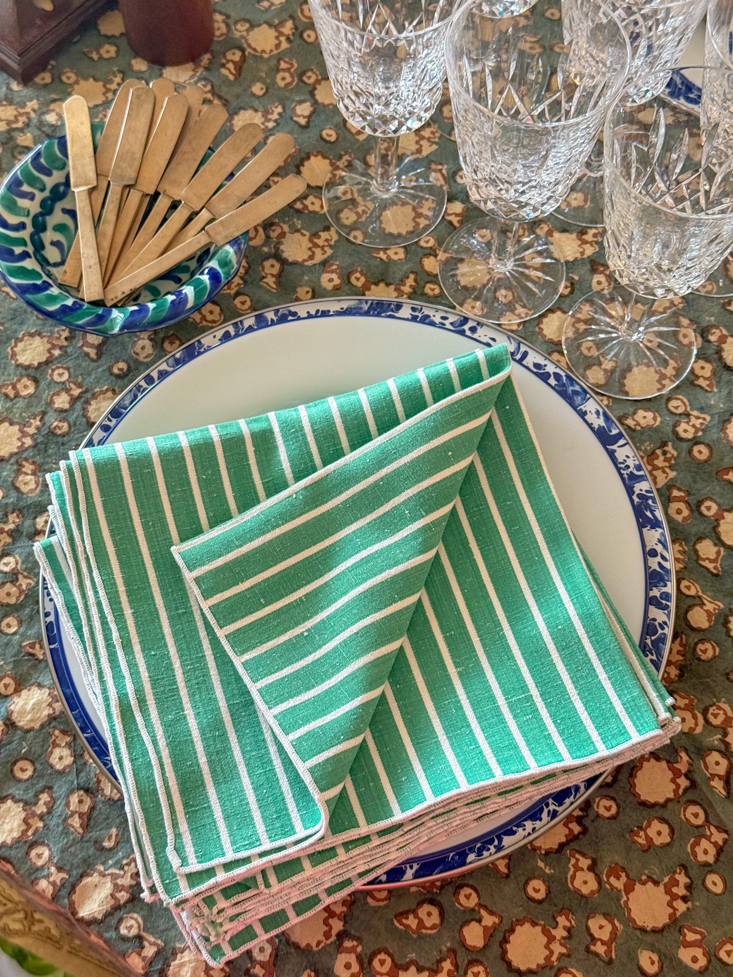 Green and White Striped Cotton Cloth Napkins, Set of 6
