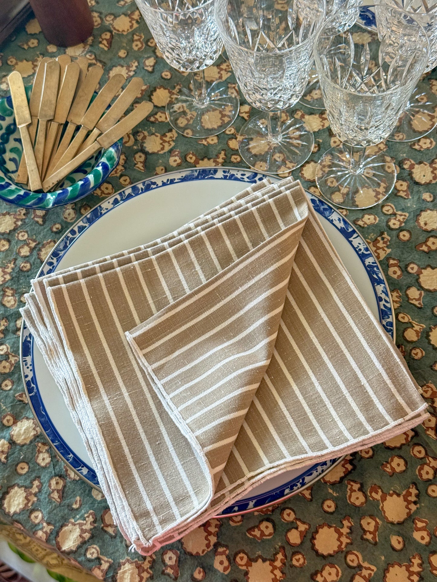 Oatmeal and White Striped Cotton Cloth Napkins, Set of 6