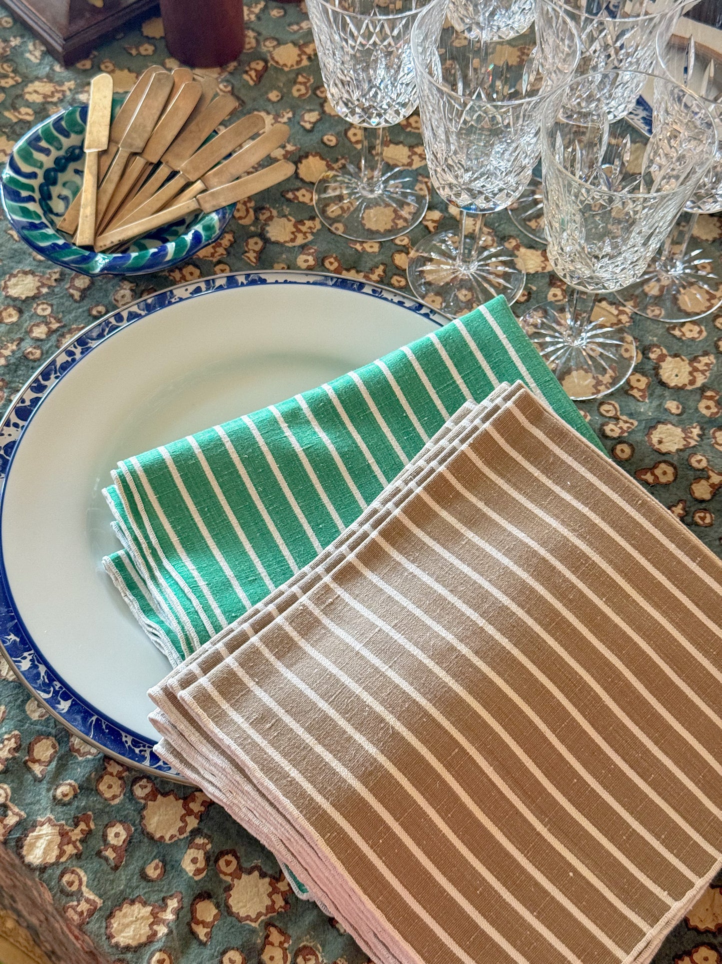Oatmeal and White Striped Cotton Cloth Napkins, Set of 6