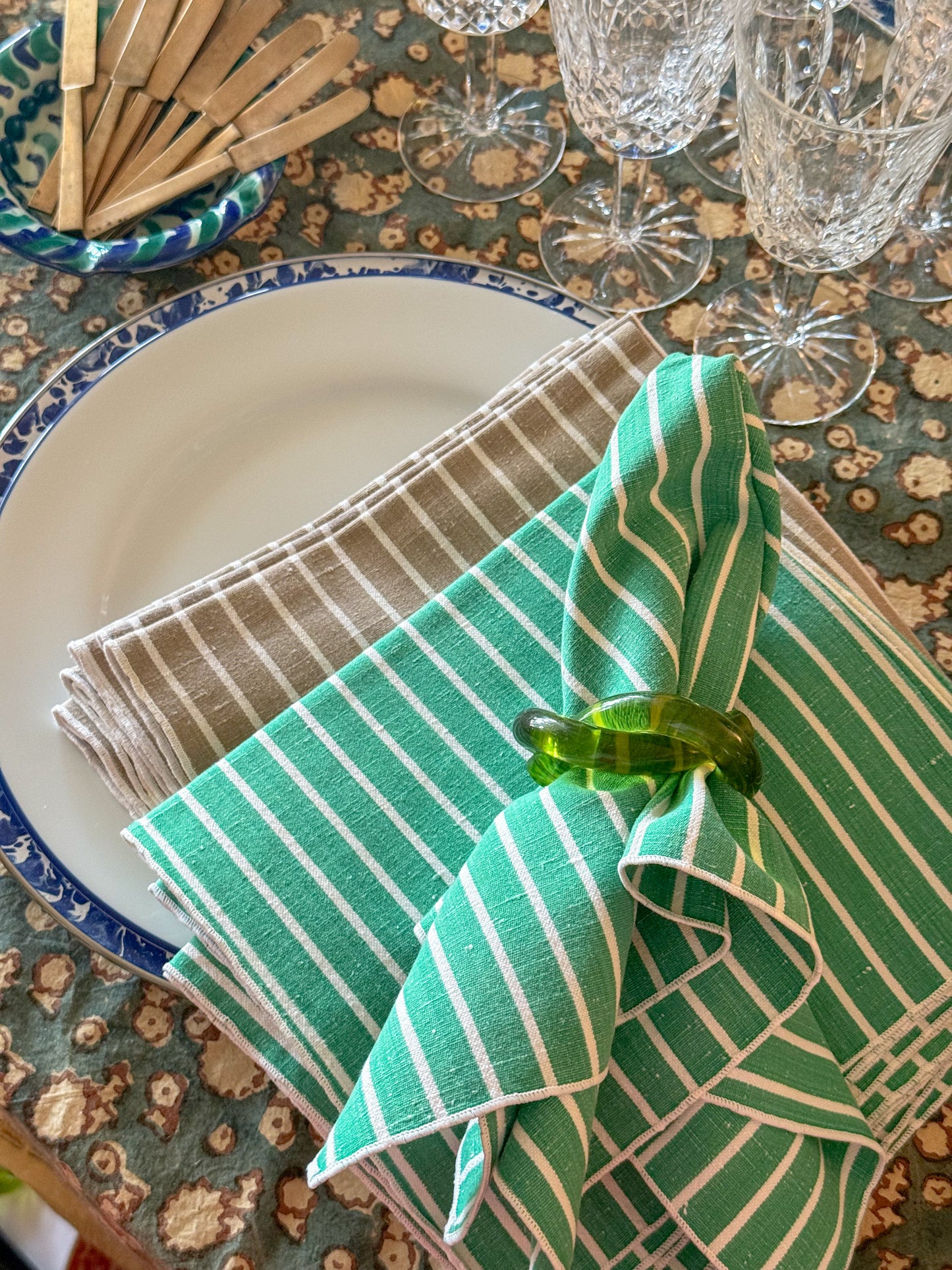 Green and White Striped Cotton Cloth Napkins, Set of 6