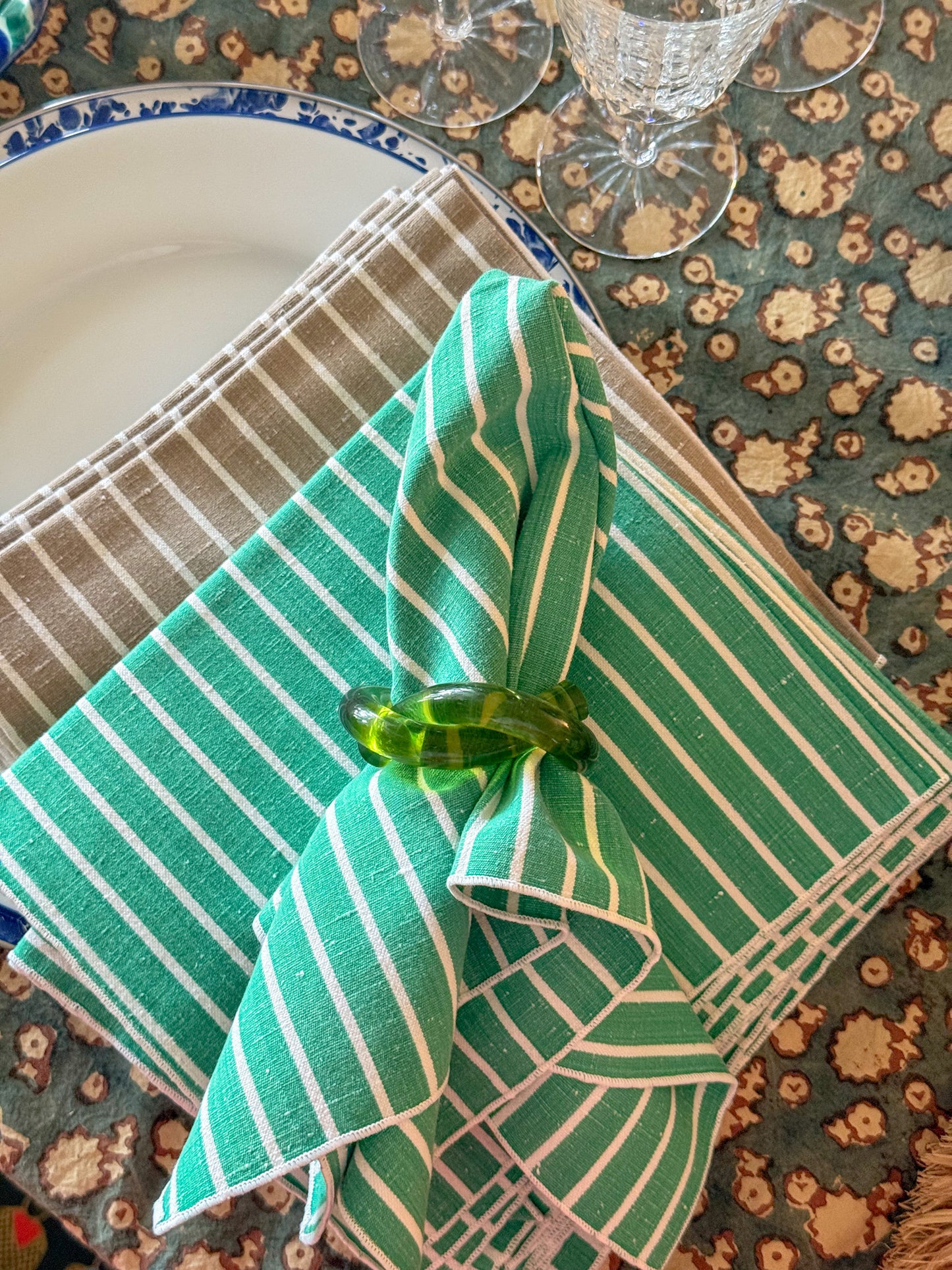 Green and White Striped Cotton Cloth Napkins, Set of 6