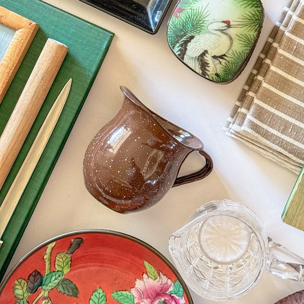 Vintage Mexican Brown Splatter Enamelware Creamer Pitcher