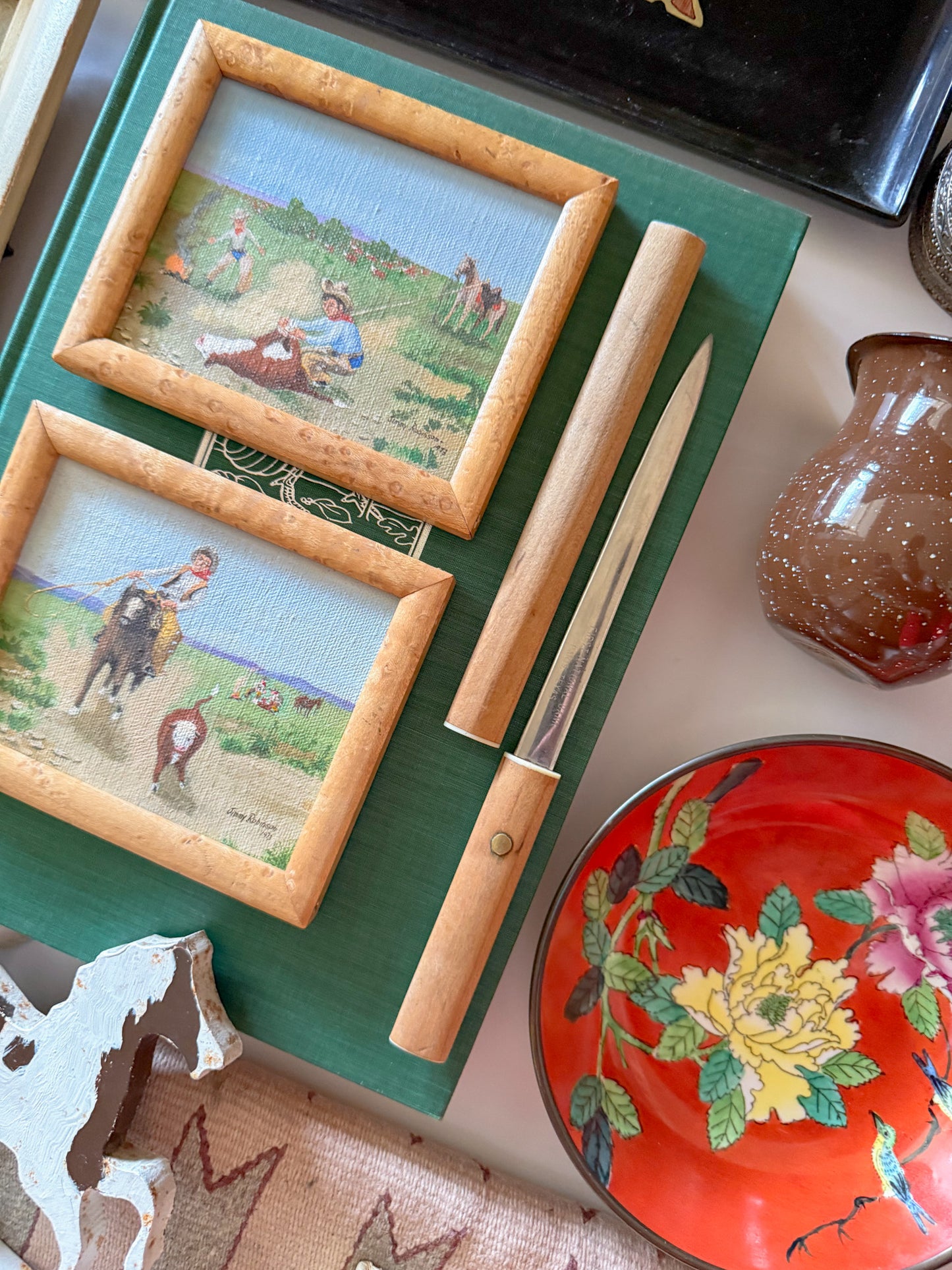 Miniature Western Oil Paintings in Birdseye Maple Frames, Signed, 1970s - A Pair