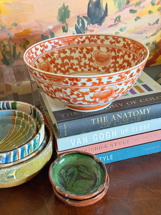 Vintage Large Mid Century Orange and White Japanese Porcelain Floral Bowl