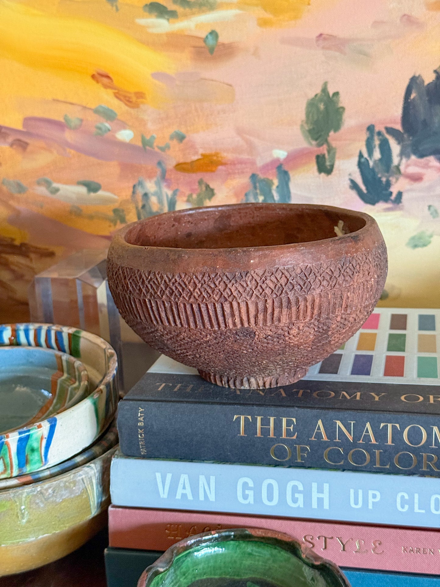 Vintage Folk Art Redware Clay Bowl