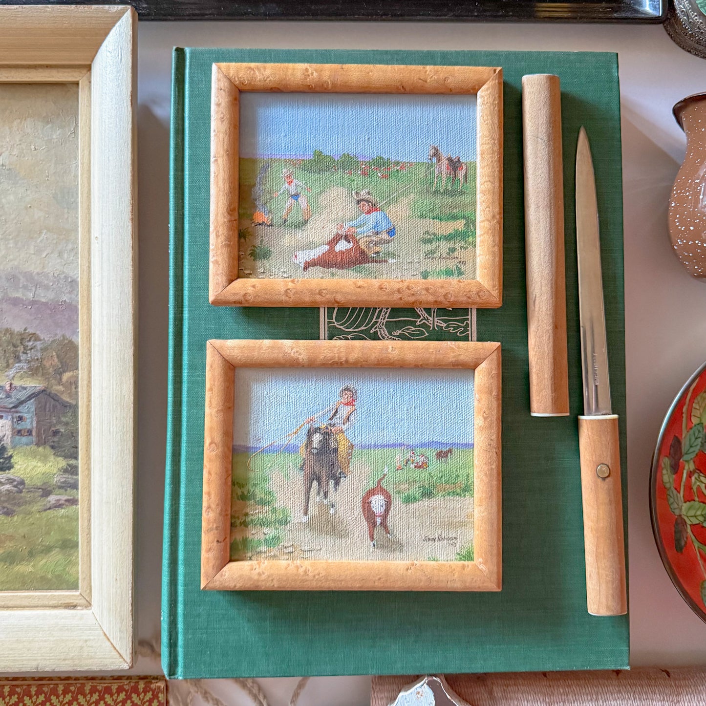 Miniature Western Oil Paintings in Birdseye Maple Frames, Signed, 1970s - A Pair