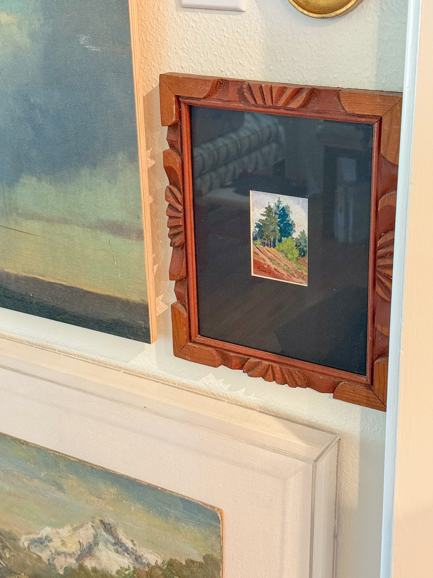 "Hillside," Gouache Landscape Painting in Vintage Carved Frame