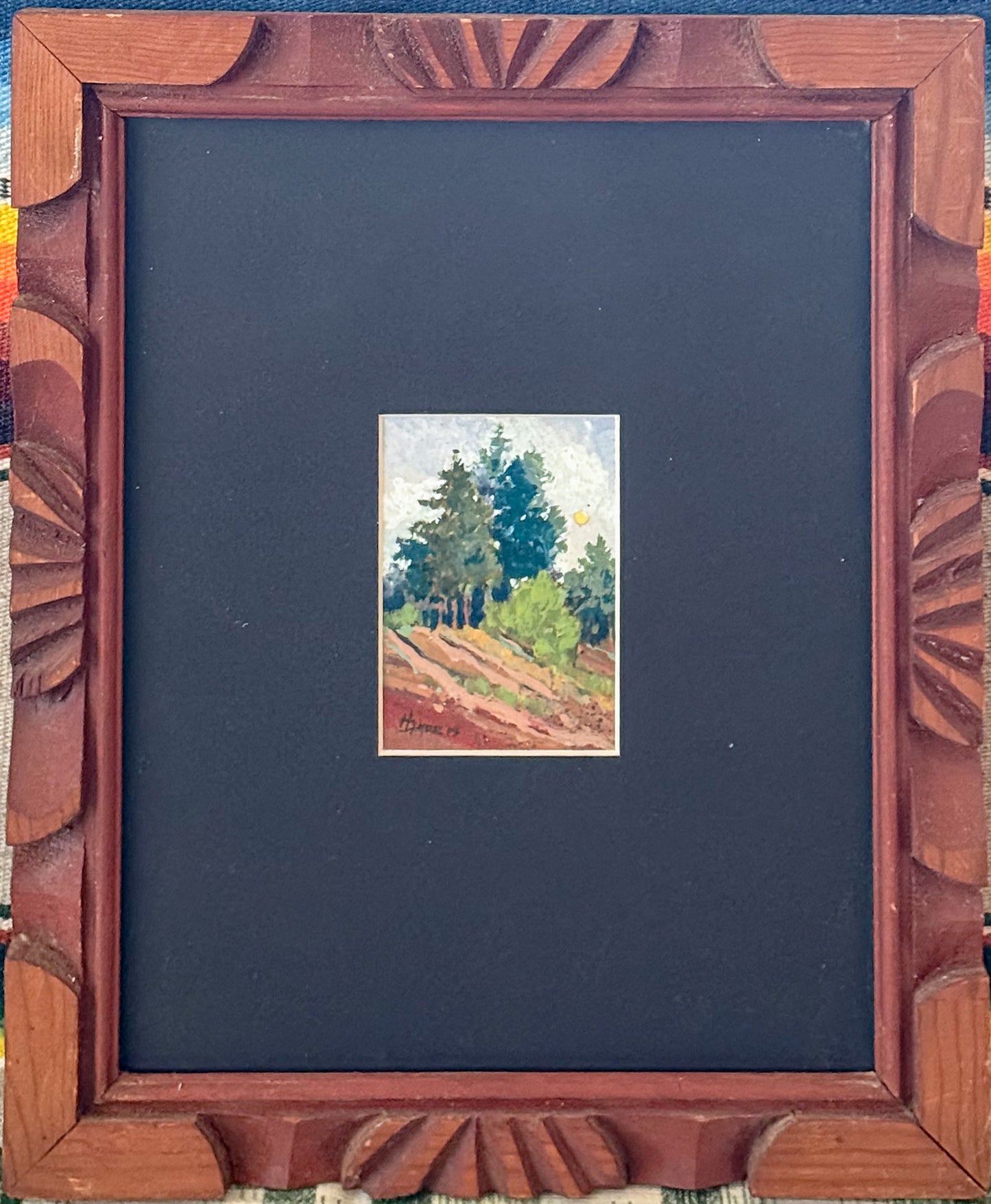 "Hillside," Gouache Landscape Painting in Vintage Carved Frame