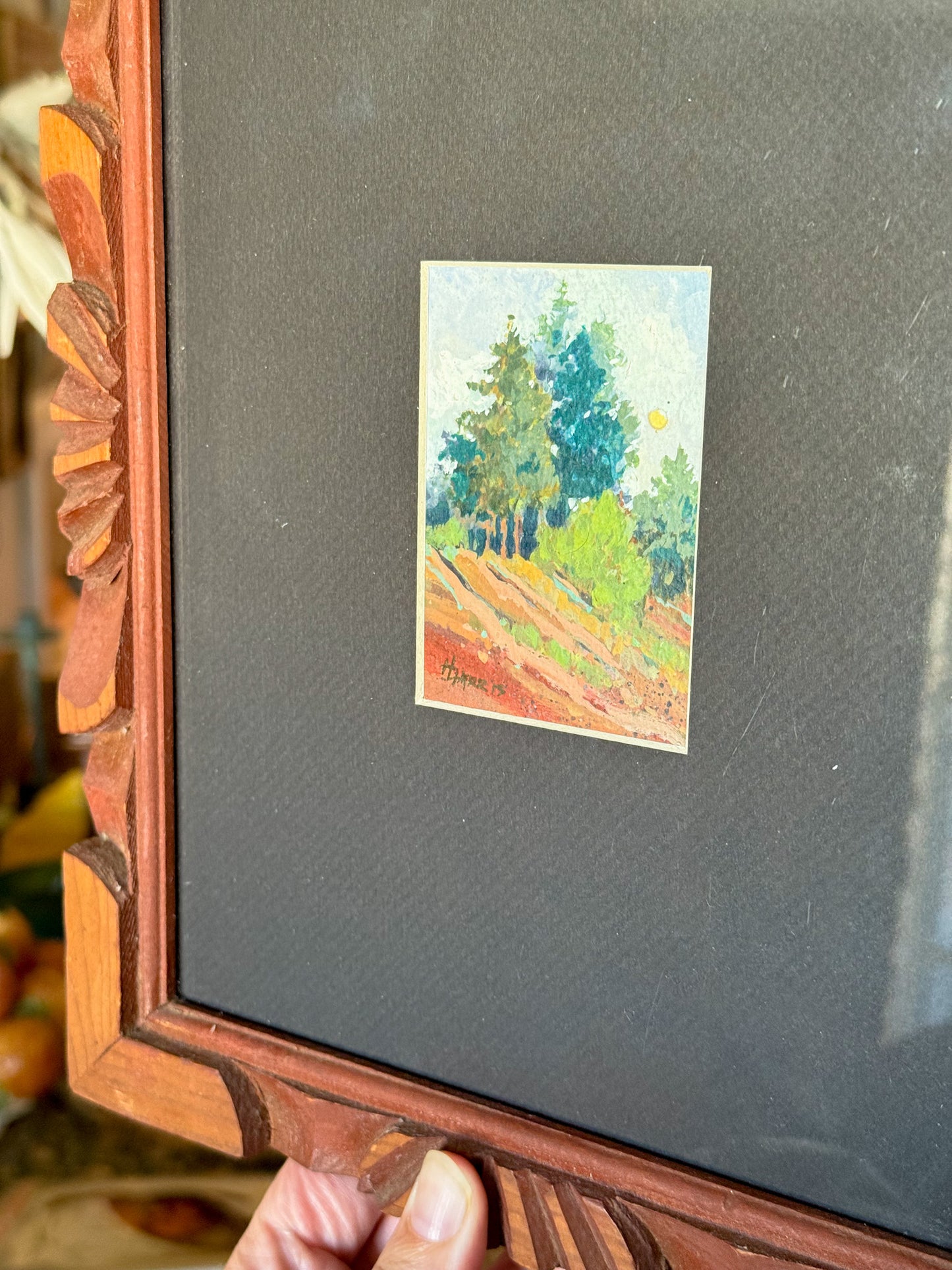 "Hillside," Gouache Landscape Painting in Vintage Carved Frame