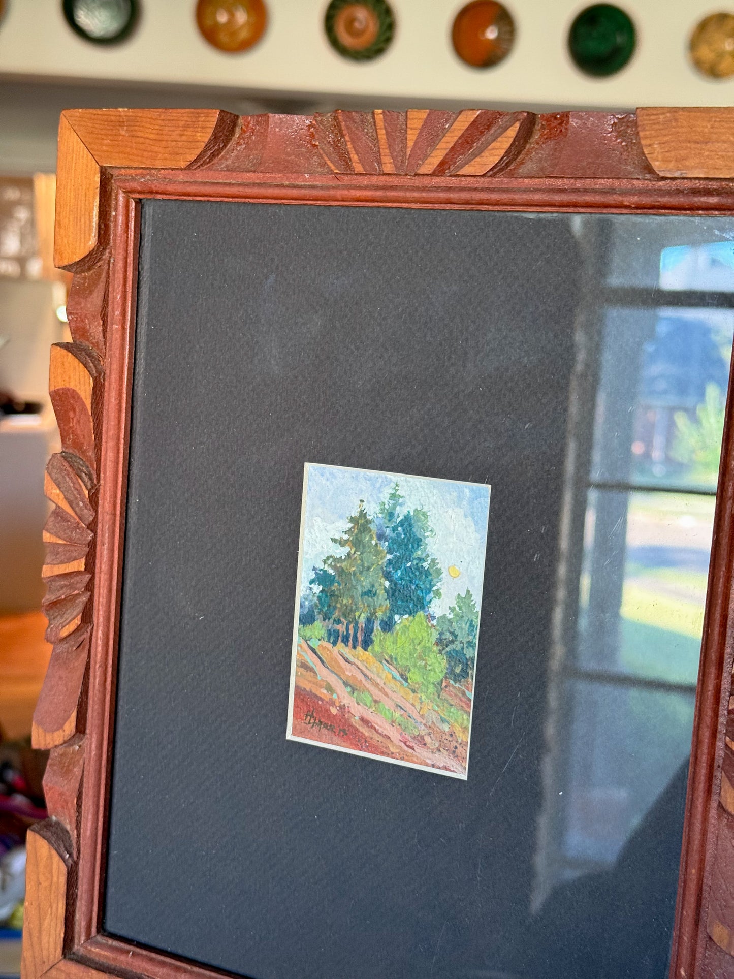 "Hillside," Gouache Landscape Painting in Vintage Carved Frame