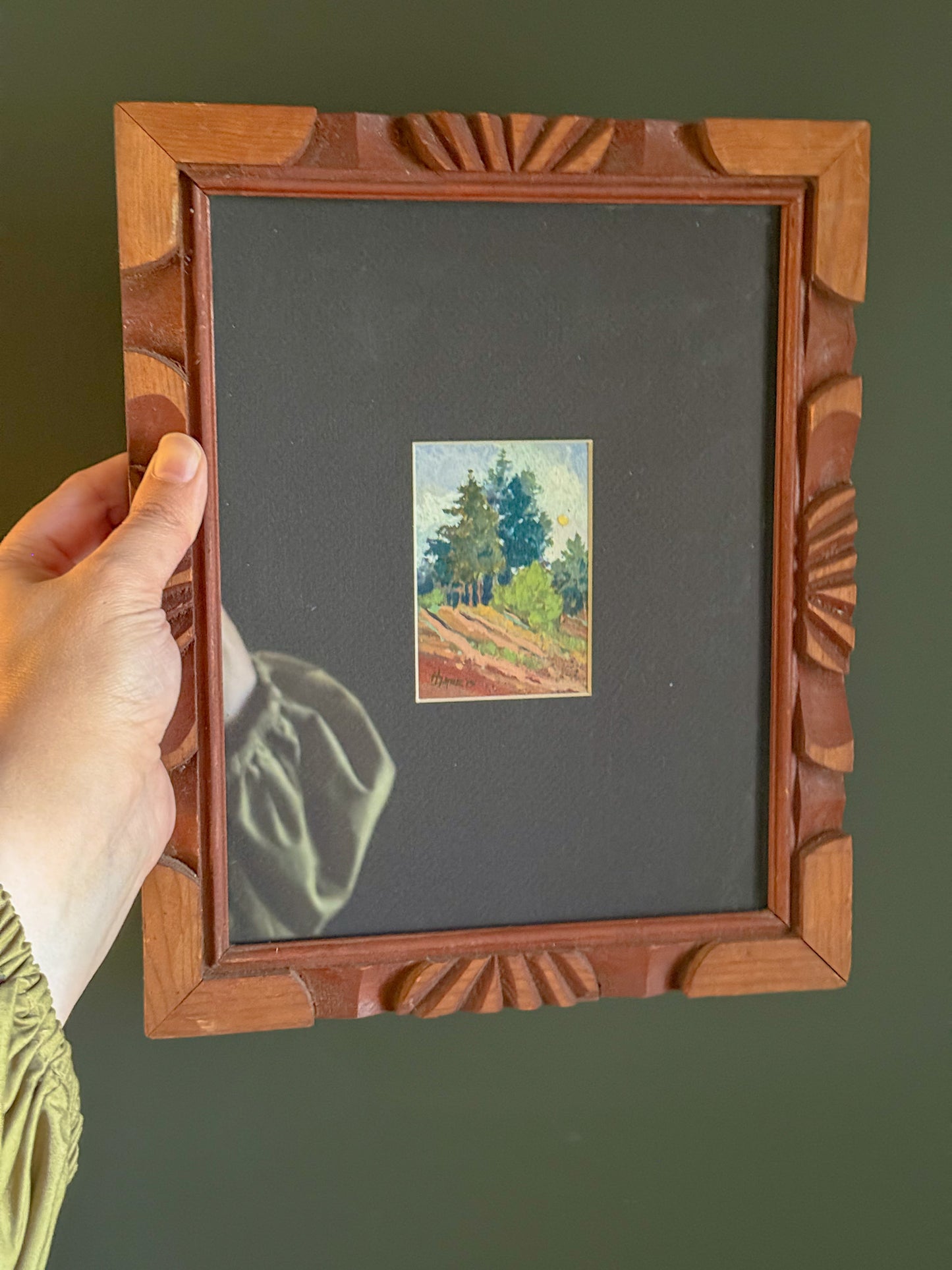 "Hillside," Gouache Landscape Painting in Vintage Carved Frame