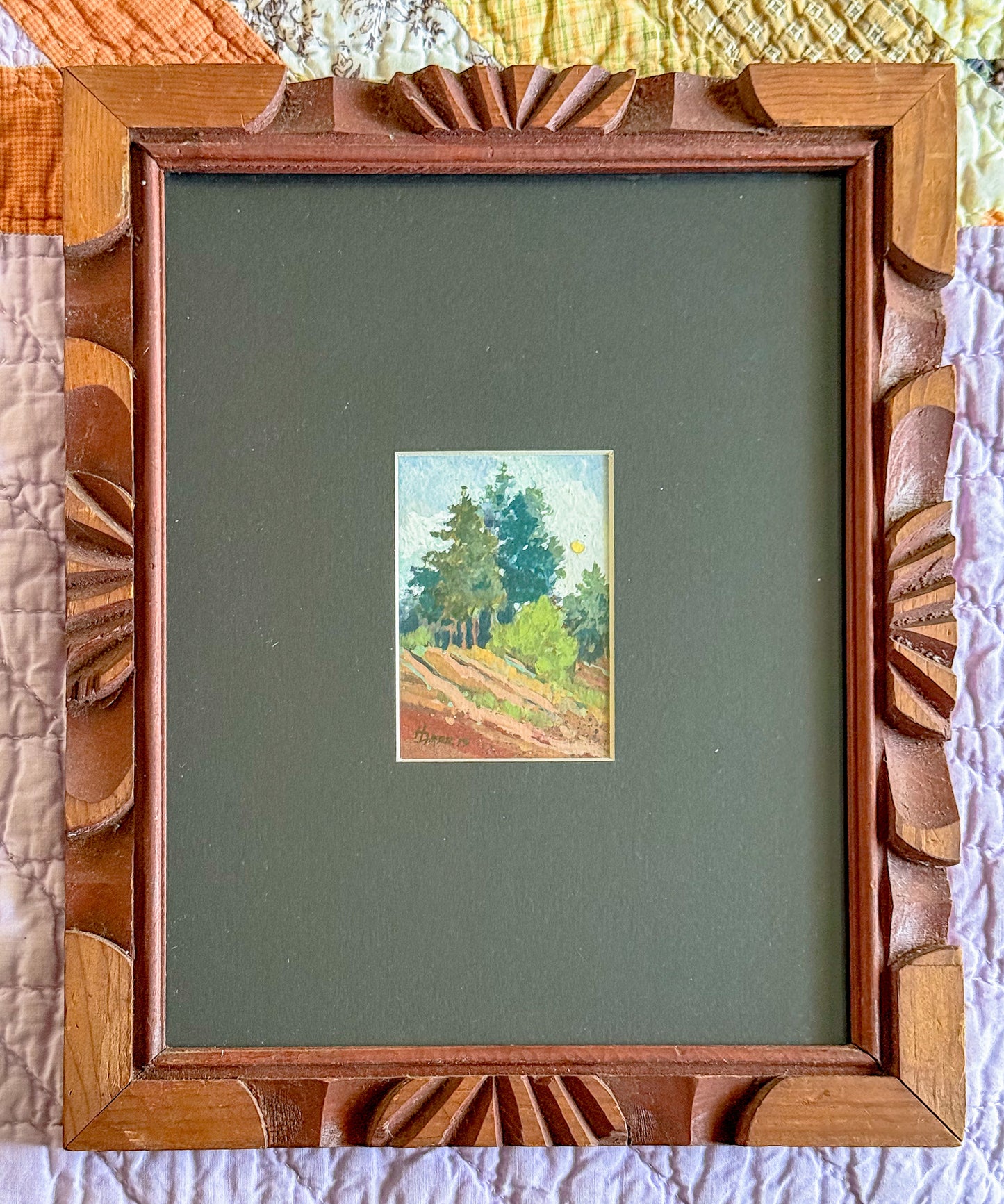 "Hillside," Gouache Landscape Painting in Vintage Carved Frame