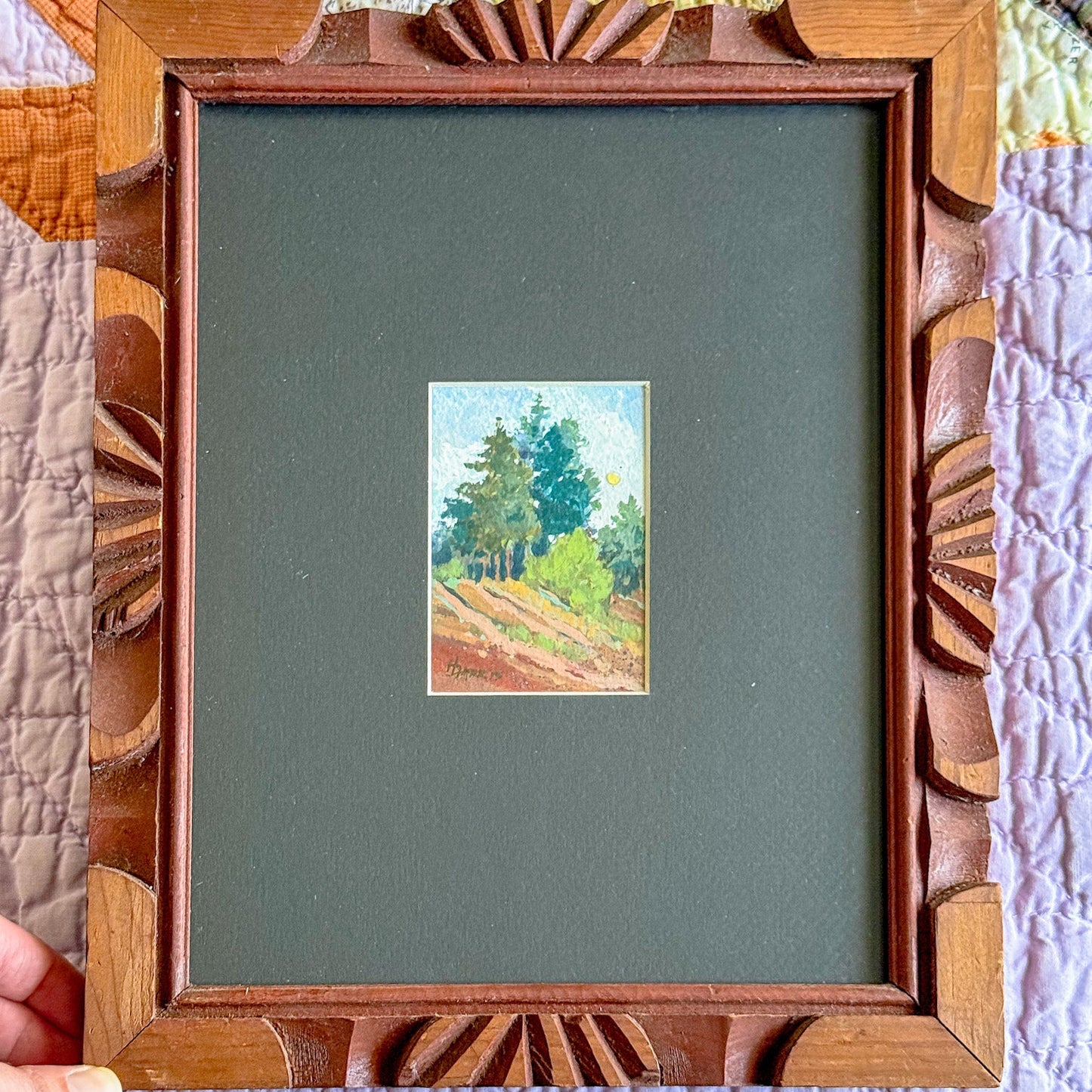 "Hillside," Gouache Landscape Painting in Vintage Carved Frame