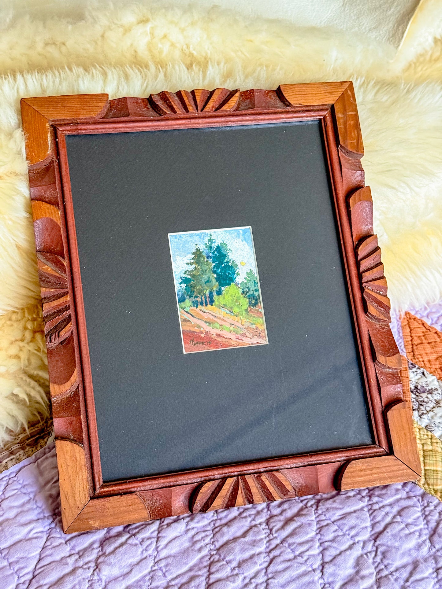 "Hillside," Gouache Landscape Painting in Vintage Carved Frame