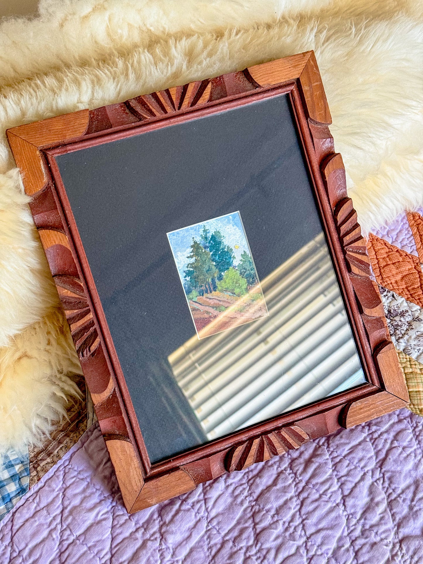 "Hillside," Gouache Landscape Painting in Vintage Carved Frame