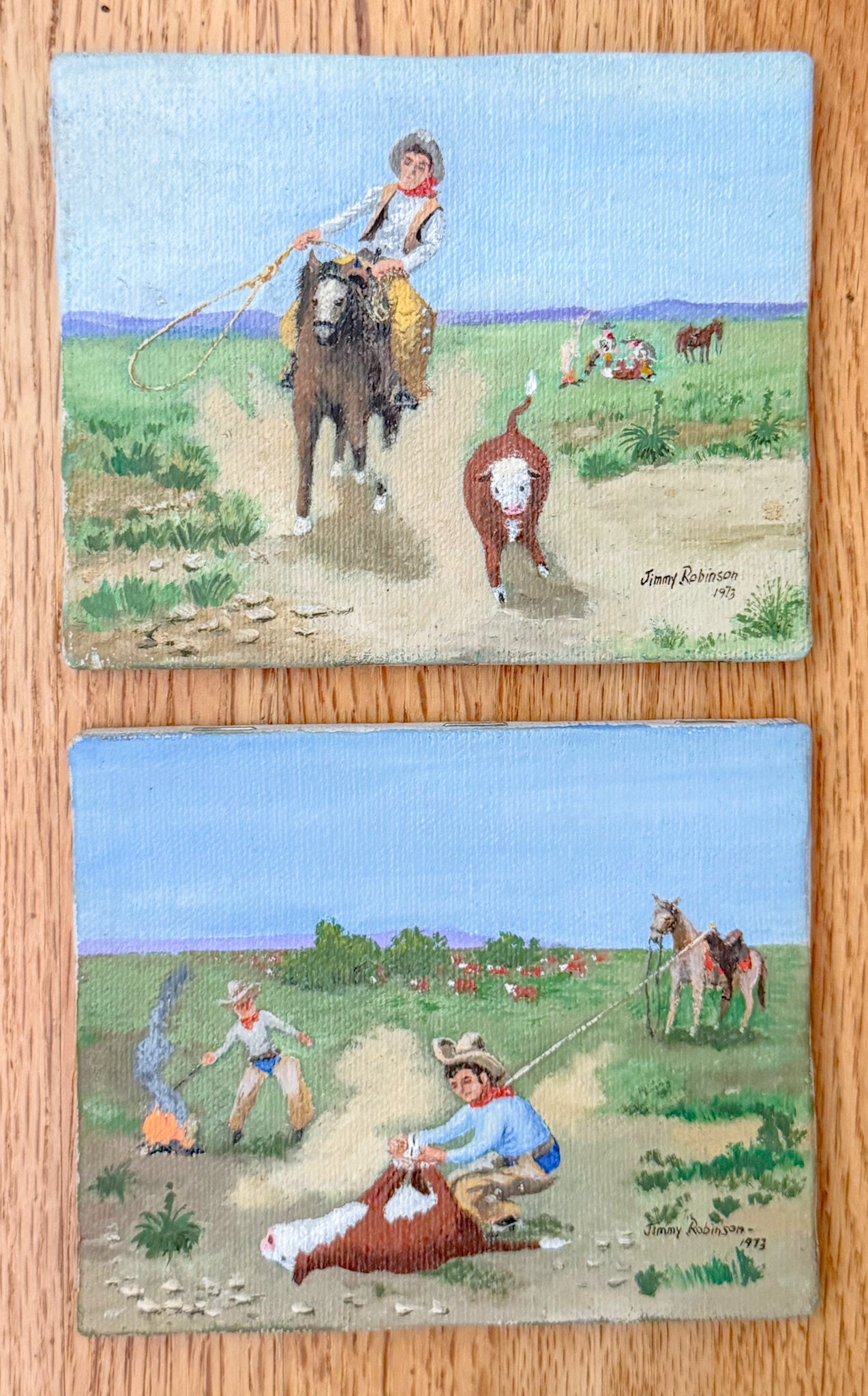 Miniature Western Oil Paintings in Birdseye Maple Frames, Signed, 1970s - A Pair