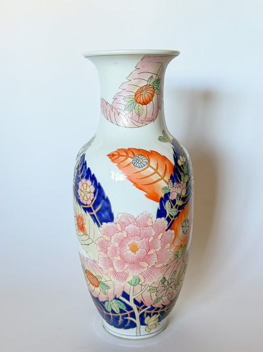 Vintage Large Tobacco Leaf Chinoiserie Vase 15"h Hand Painted Peony Leaves Color