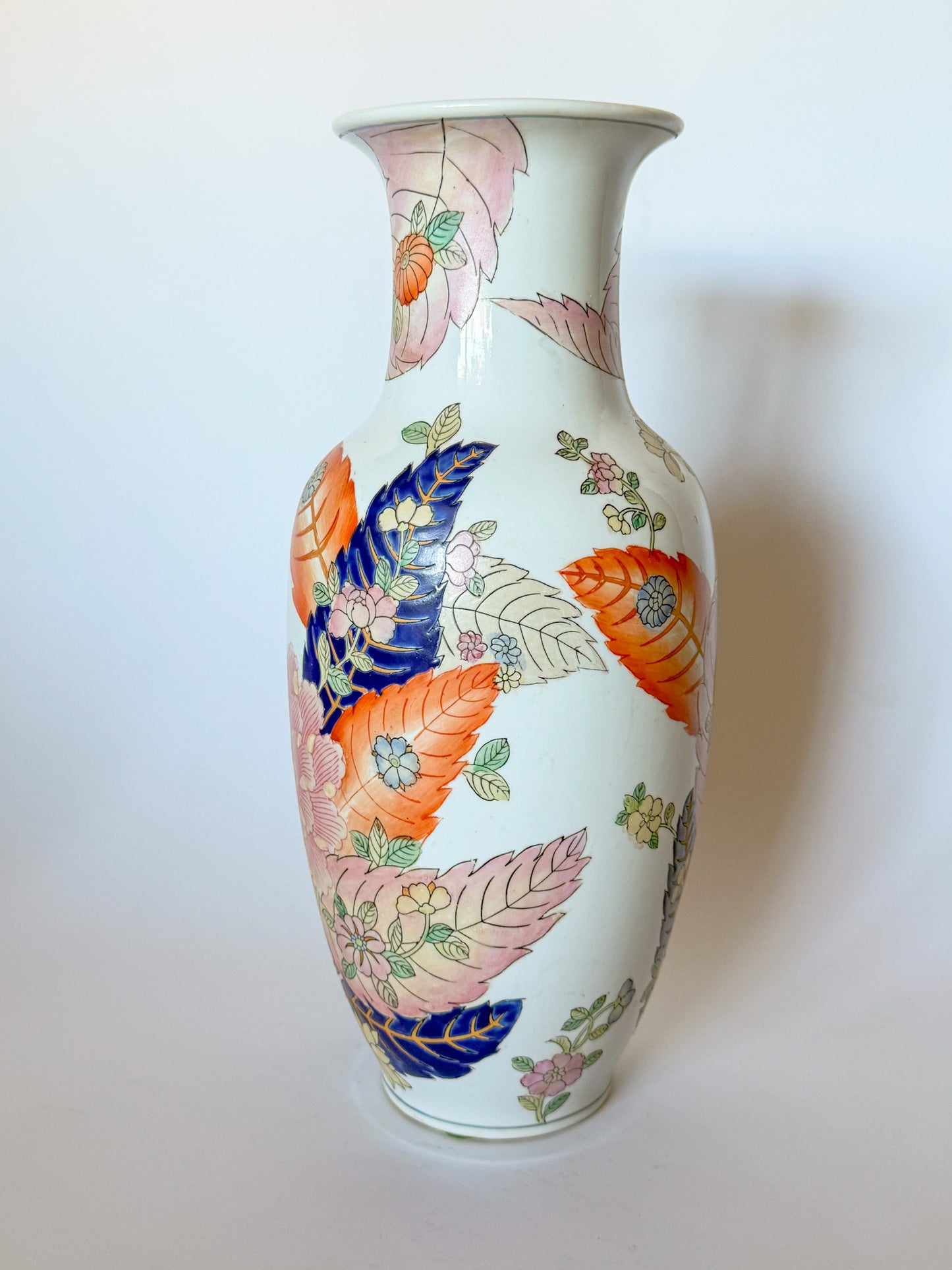 Vintage Large Tobacco Leaf Chinoiserie Vase 15"h Hand Painted Peony Leaves Color