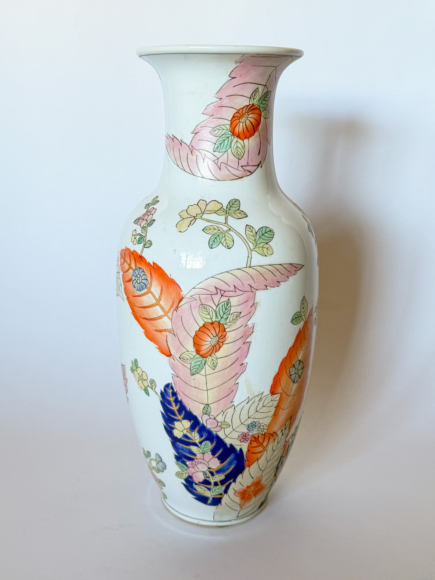 Vintage Large Tobacco Leaf Chinoiserie Vase 15"h Hand Painted Peony Leaves Color