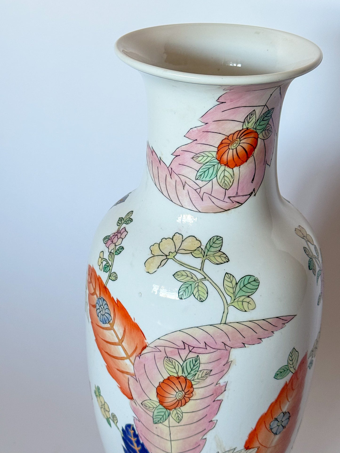Vintage Large Tobacco Leaf Chinoiserie Vase 15"h Hand Painted Peony Leaves Color