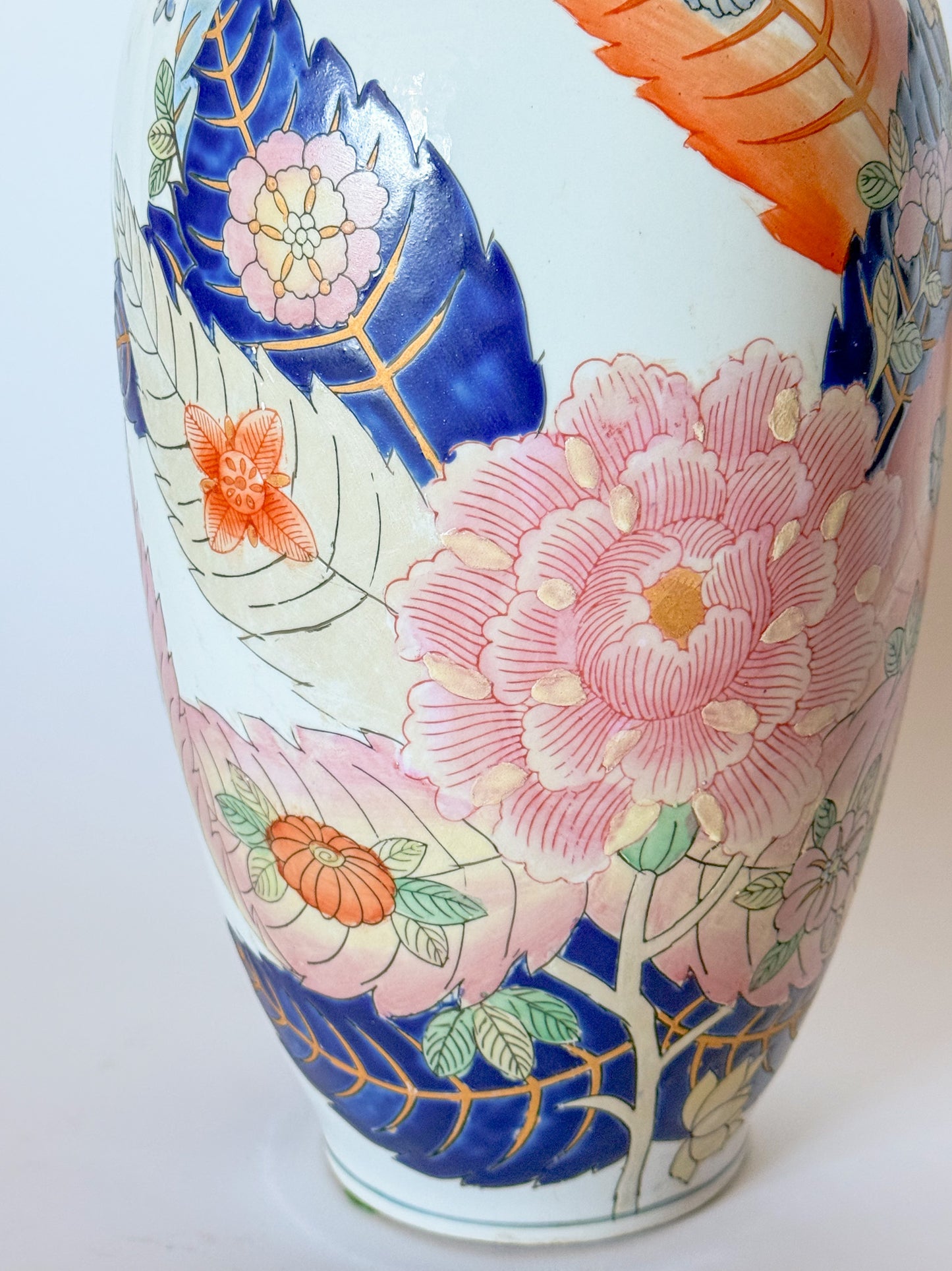 Vintage Large Tobacco Leaf Chinoiserie Vase 15"h Hand Painted Peony Leaves Color
