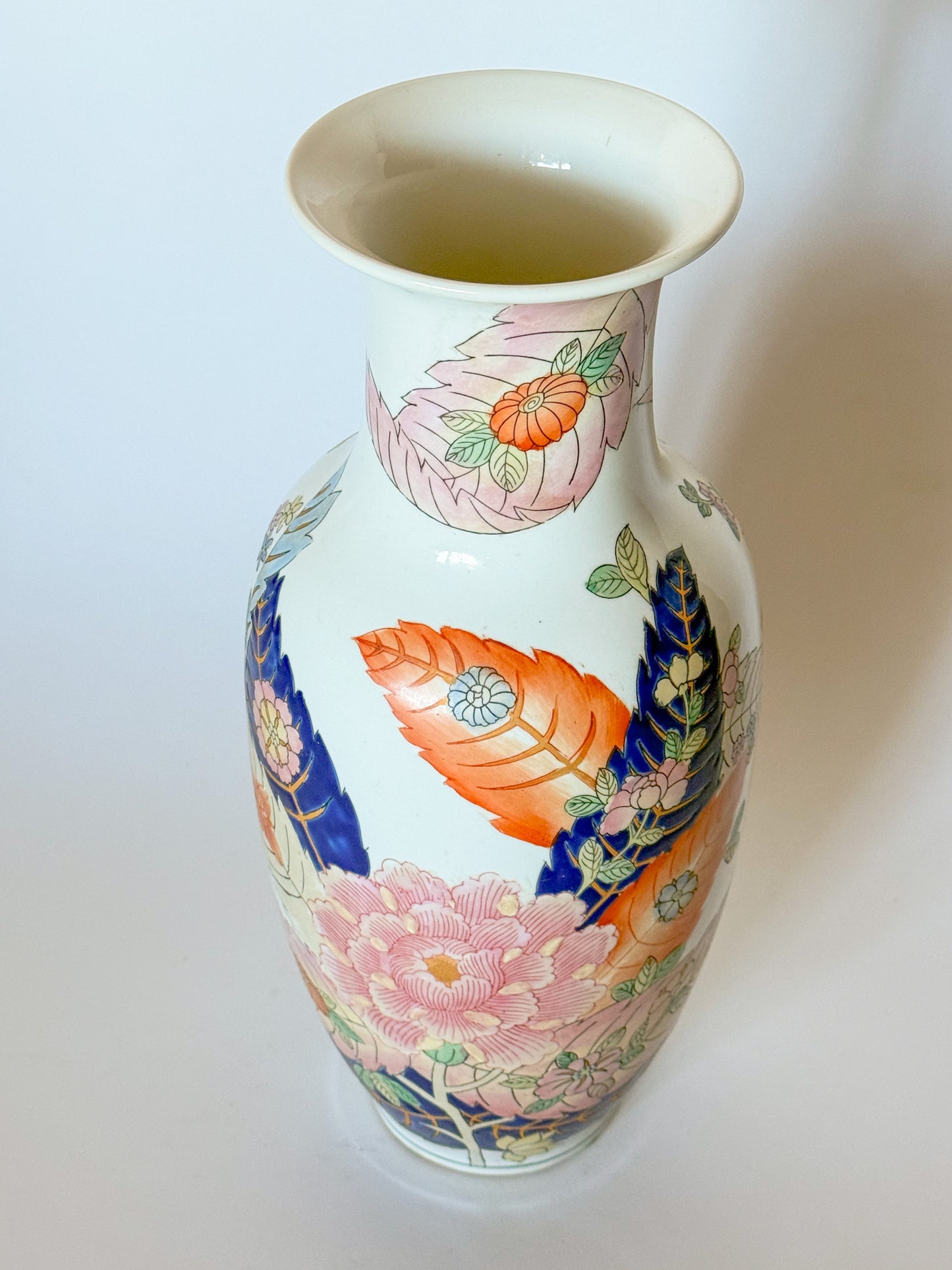Vintage Large Tobacco Leaf Chinoiserie Vase 15"h Hand Painted Peony Leaves Color
