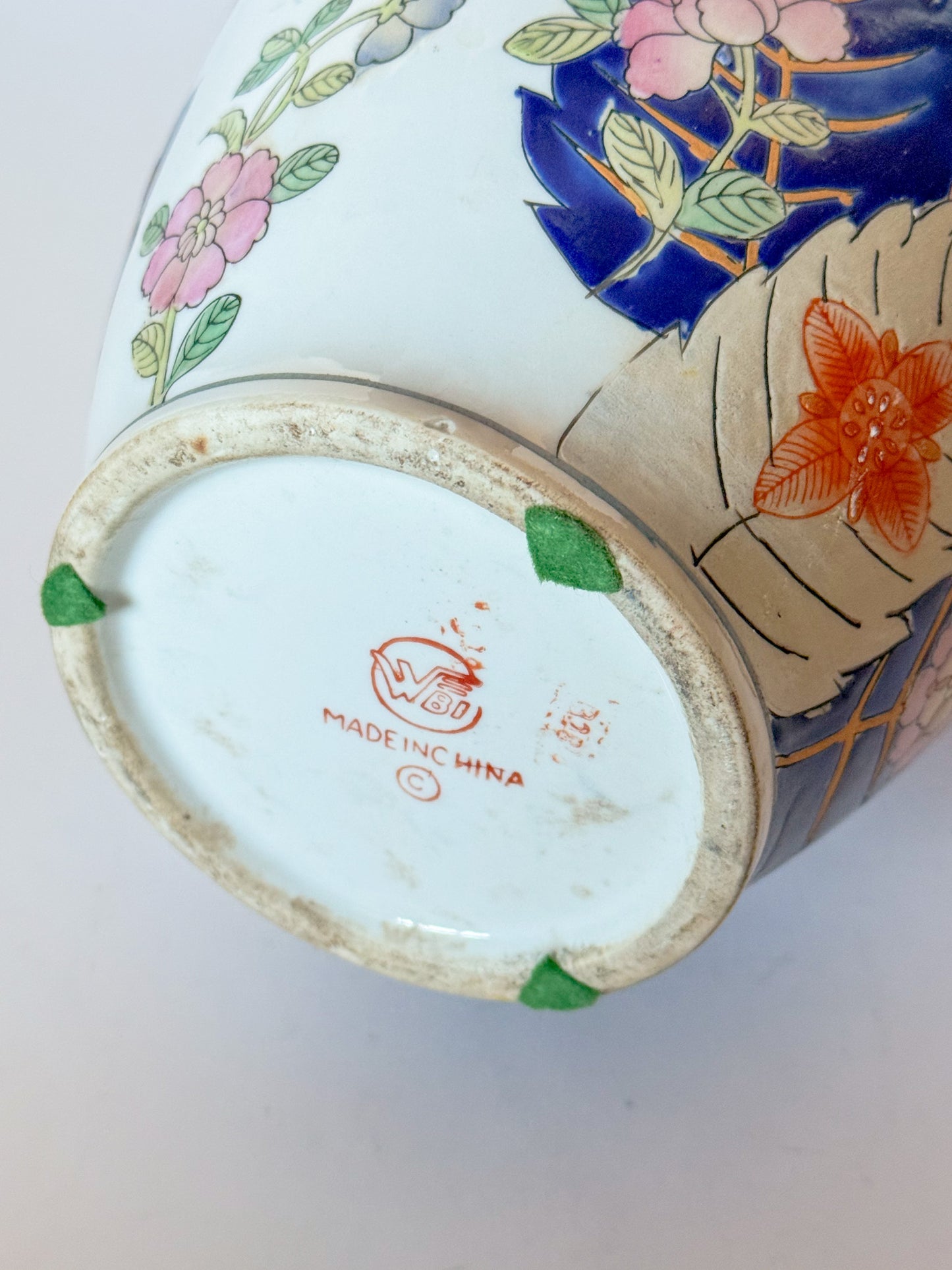 Vintage Large Tobacco Leaf Chinoiserie Vase 15"h Hand Painted Peony Leaves Color