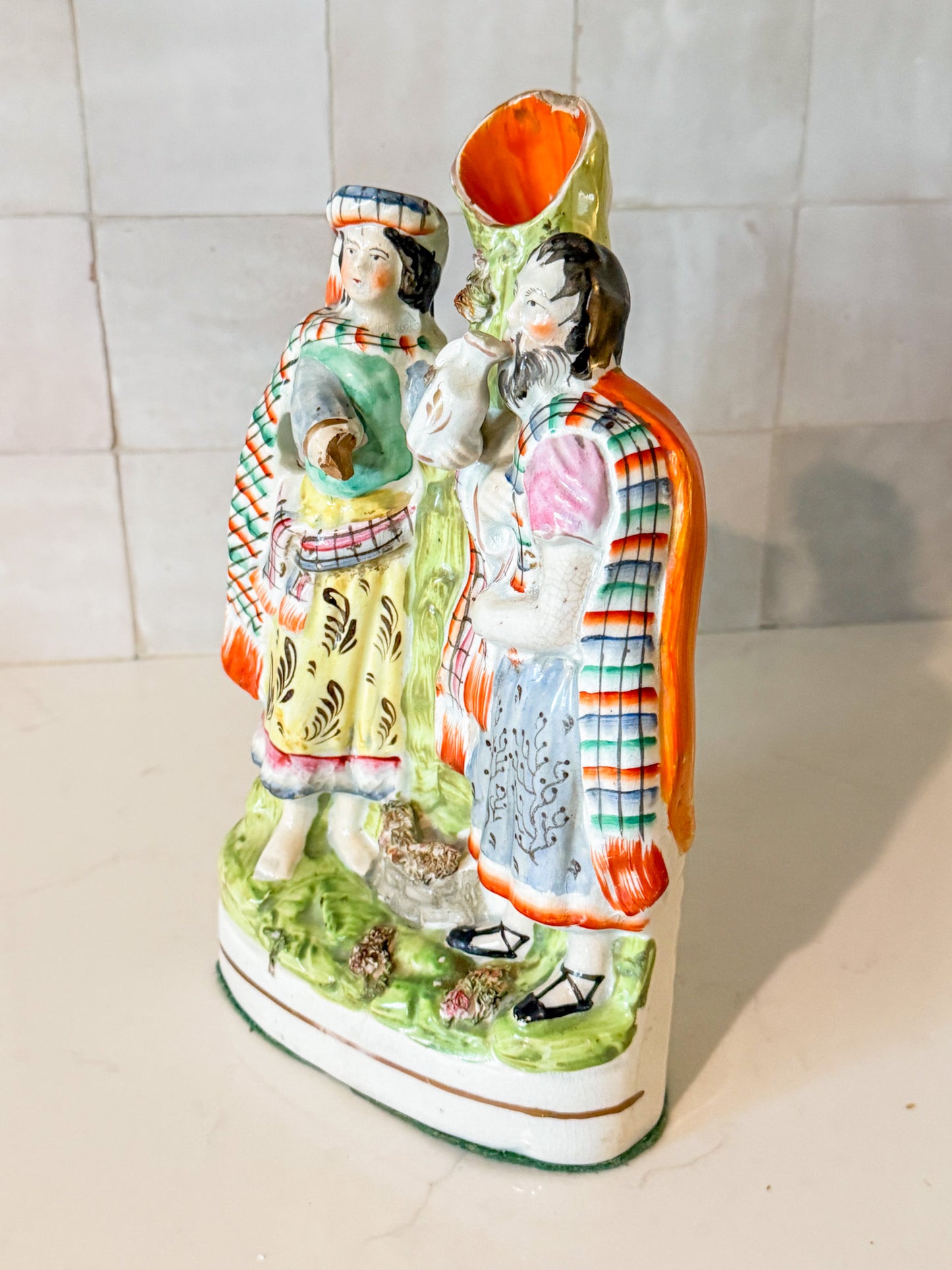 Antique English Staffordshire Spill Vase Decorated With a Scottish Man and Woman, Circa 1860