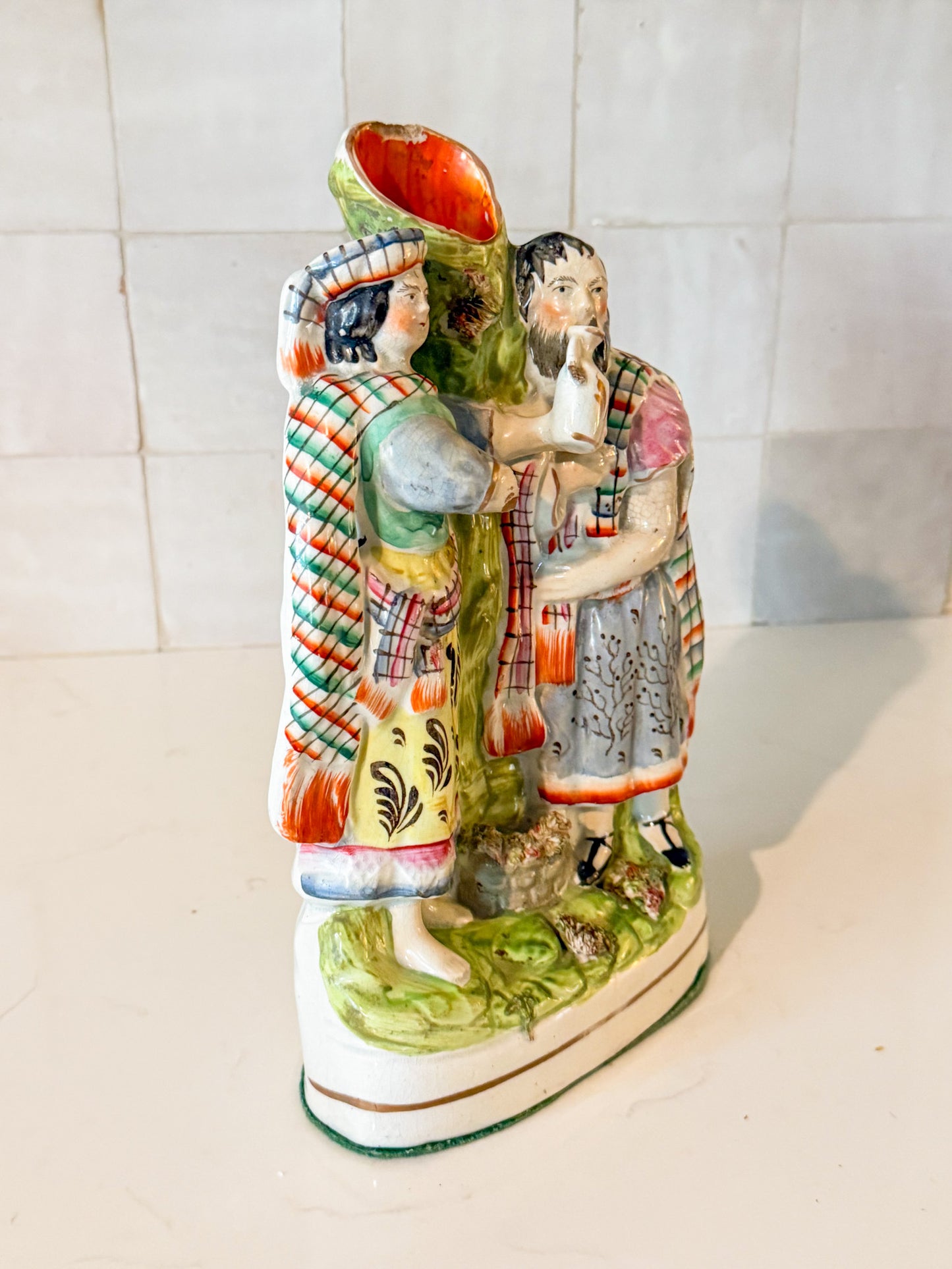 Antique English Staffordshire Spill Vase Decorated With a Scottish Man and Woman, Circa 1860