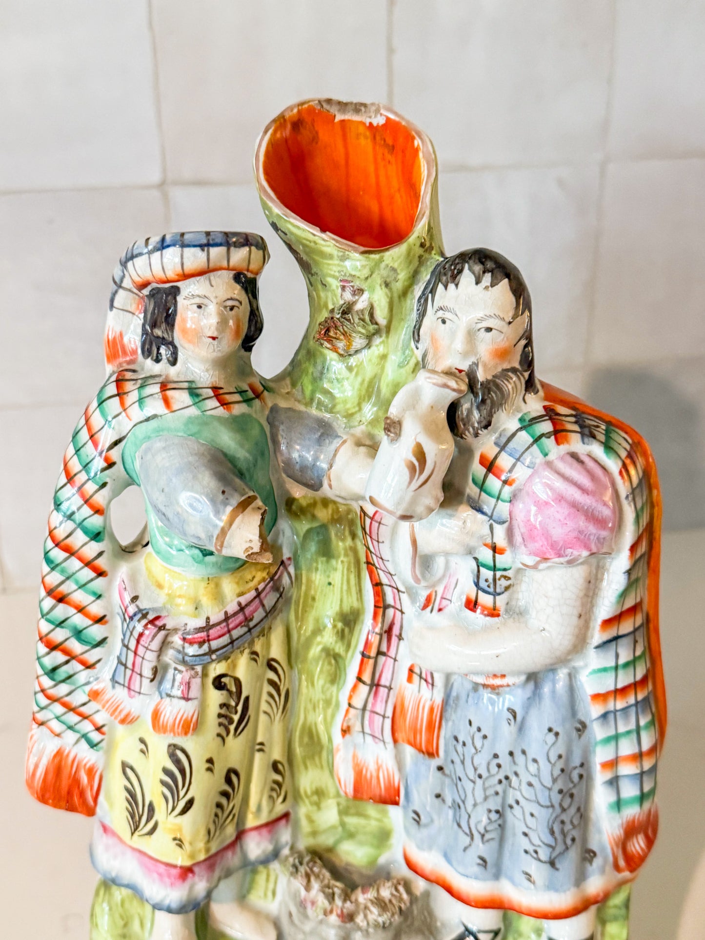 Antique English Staffordshire Spill Vase Decorated With a Scottish Man and Woman, Circa 1860
