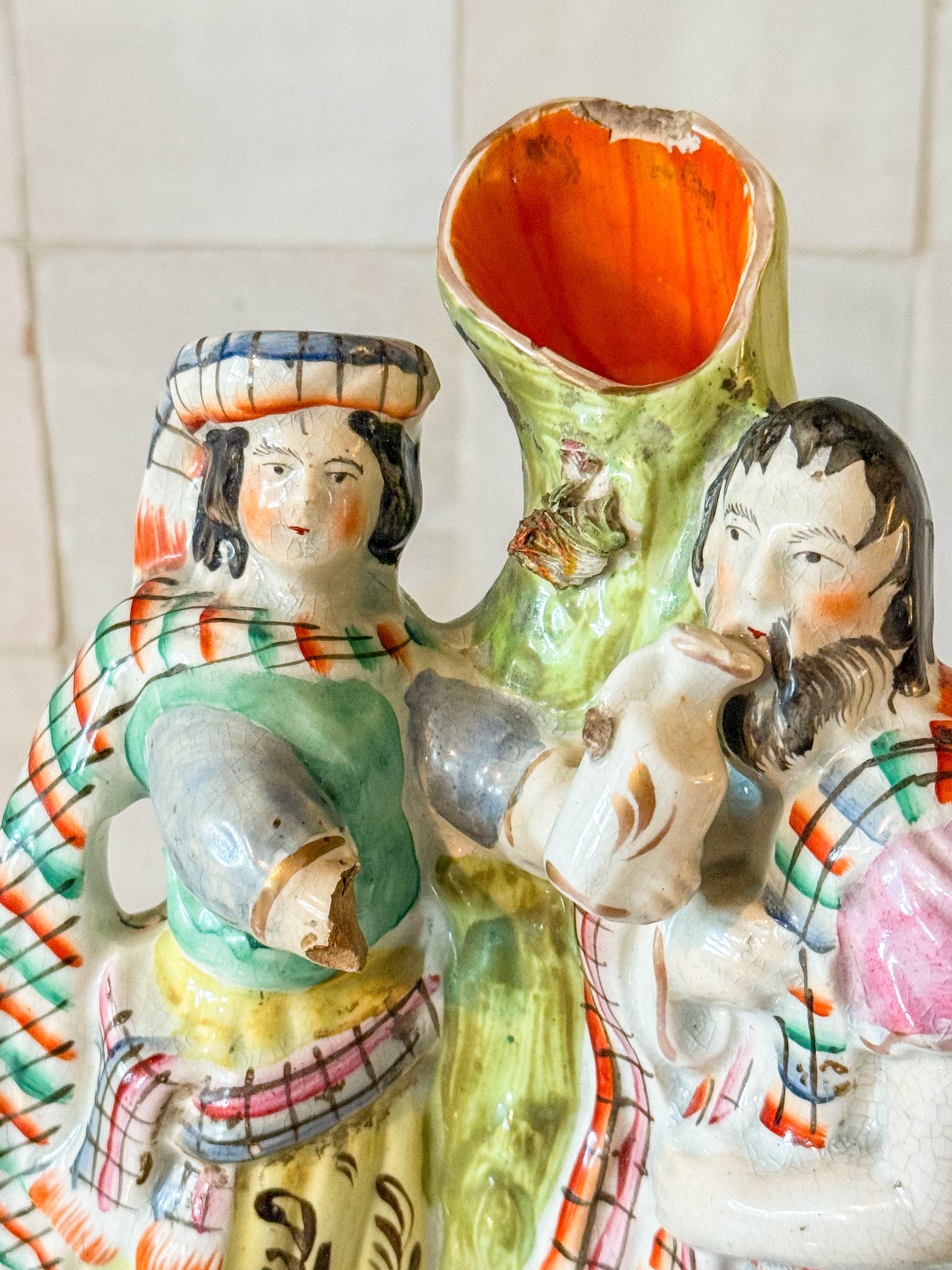 Antique English Staffordshire Spill Vase Decorated With a Scottish Man and Woman, Circa 1860