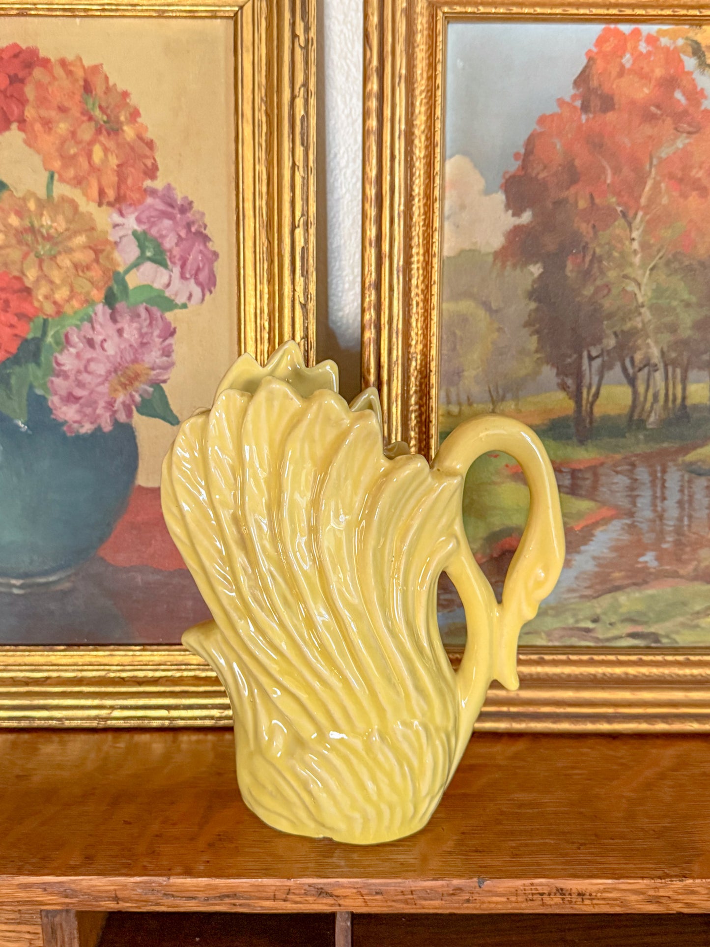 Vintage Chartreuse Stoneware Swan Vase
