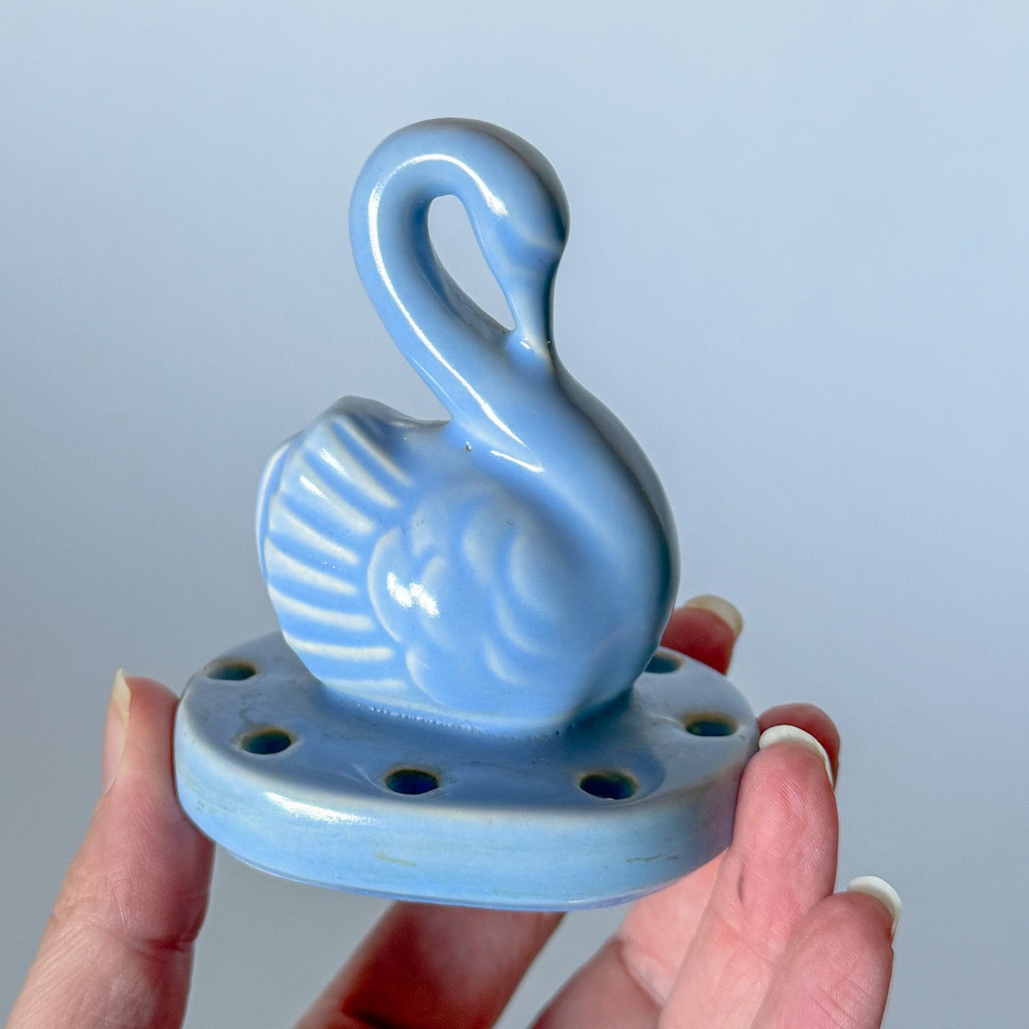 Vintage Perwinkle Swan Flower Frog by Shawnee Pottery