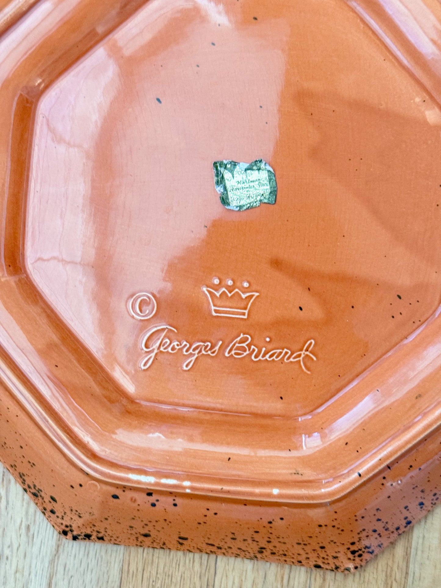 Vintage Georges Briard Splatterware Charcuterie Plate, Terracotta Orange With Dark Green Splatter