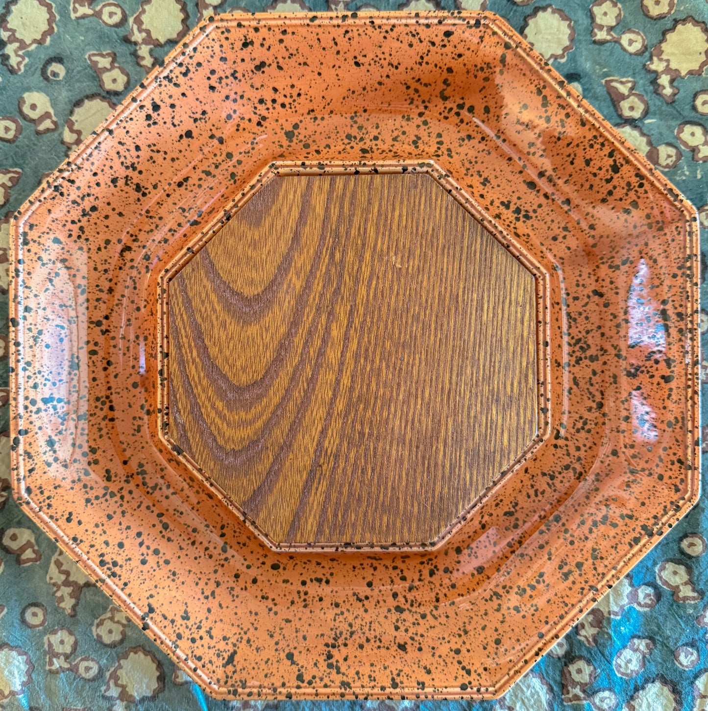 Vintage Georges Briard Splatterware Charcuterie Plate, Terracotta Orange With Dark Green Splatter