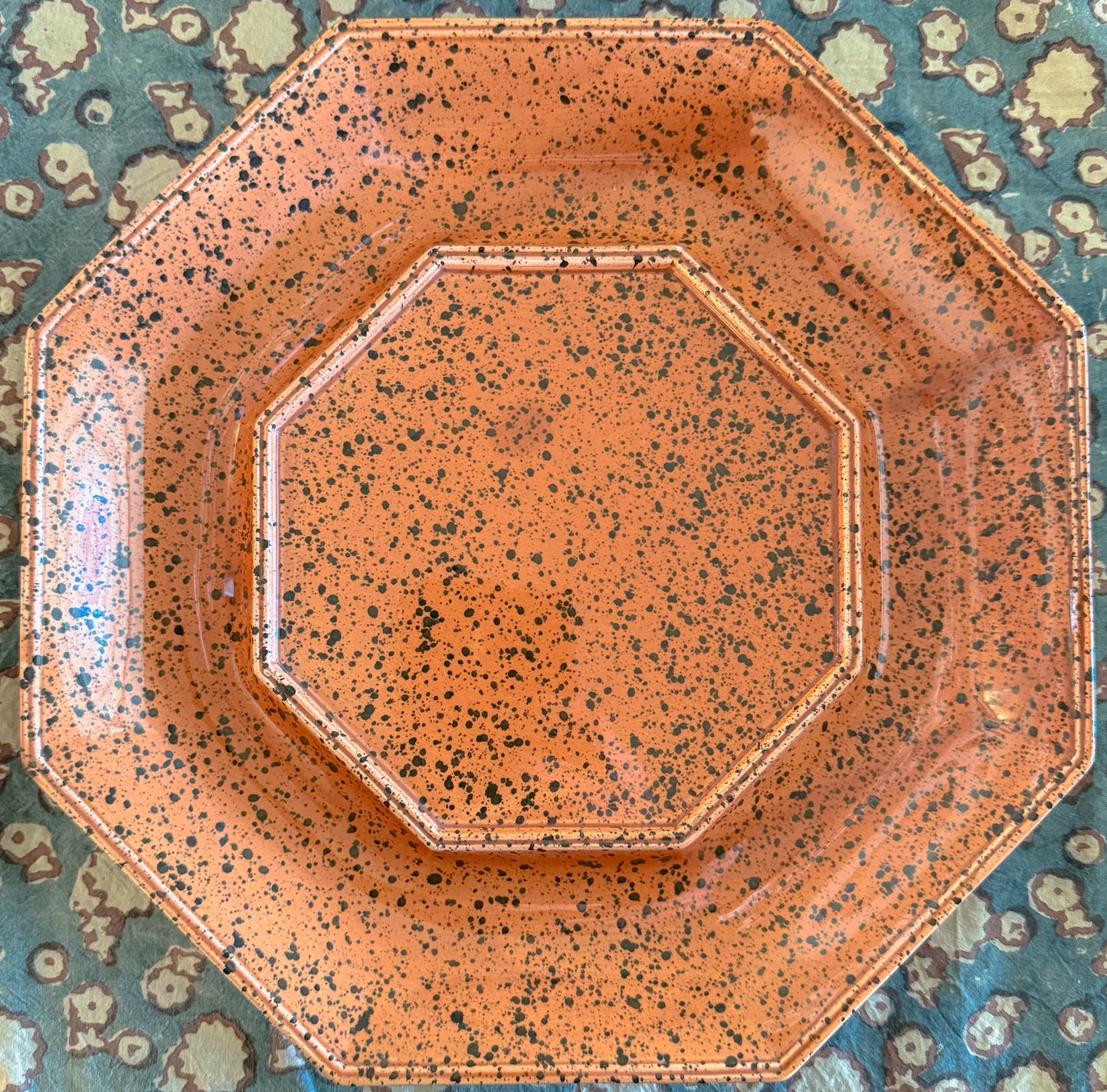 Vintage Georges Briard Splatterware Charcuterie Plate, Terracotta Orange With Dark Green Splatter