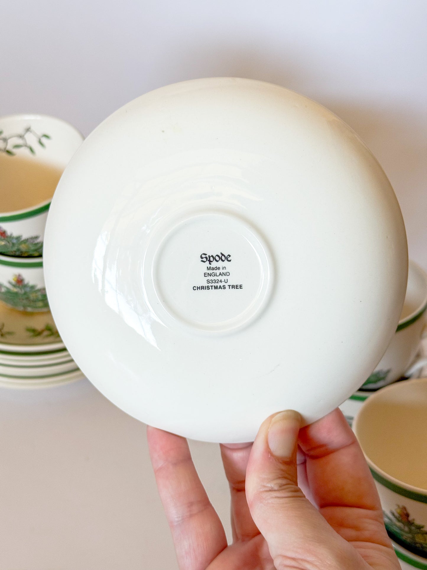 Vintage Spode Christmas Tree Tea Cups and Saucers, Sets of 4