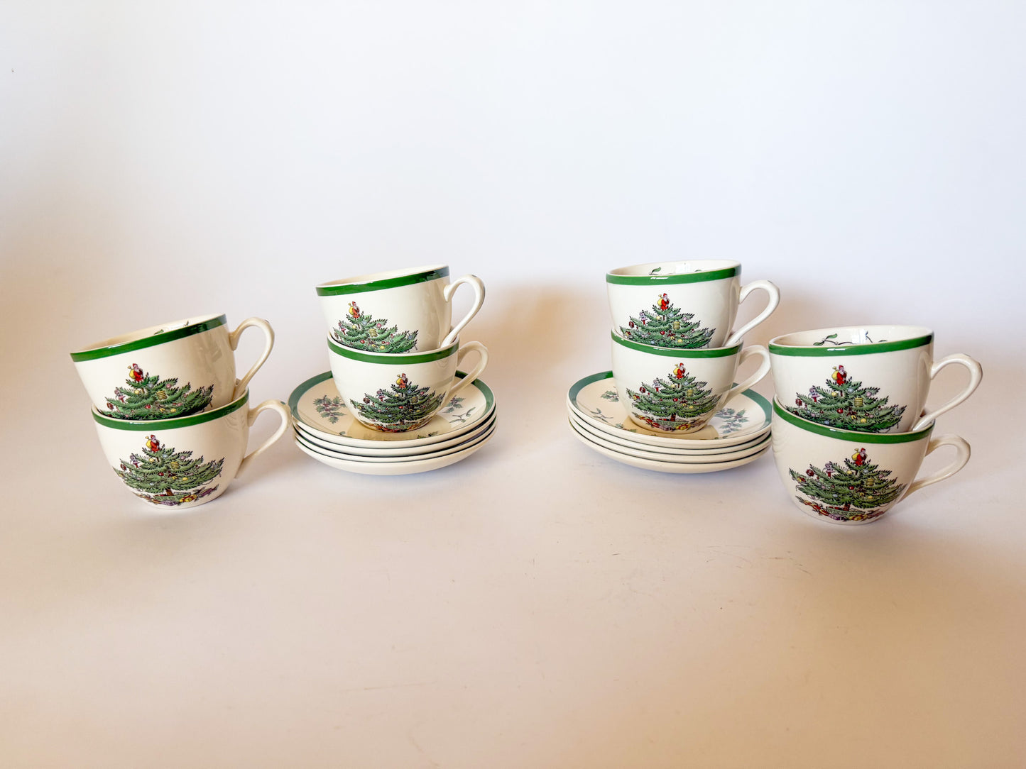 Vintage Spode Christmas Tree Tea Cups and Saucers, Sets of 4