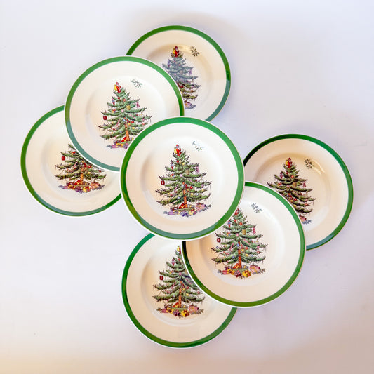 Vintage Spode Christmas Tree Dessert Plates, Set of 7