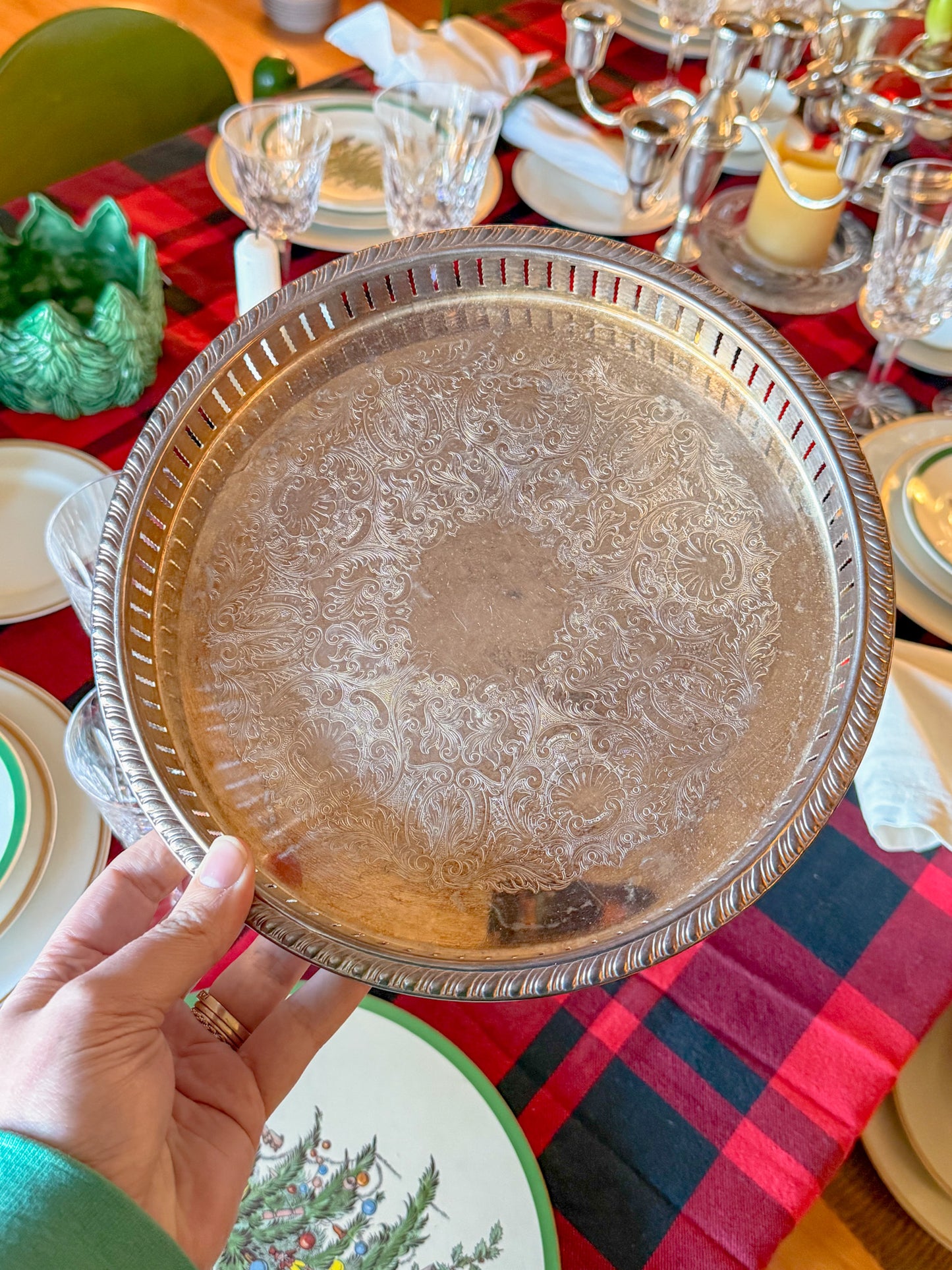 Small Vintage Eales of Sheffield Etched Silver Plate Pierced Gallery Serving Tray, 10" Dia