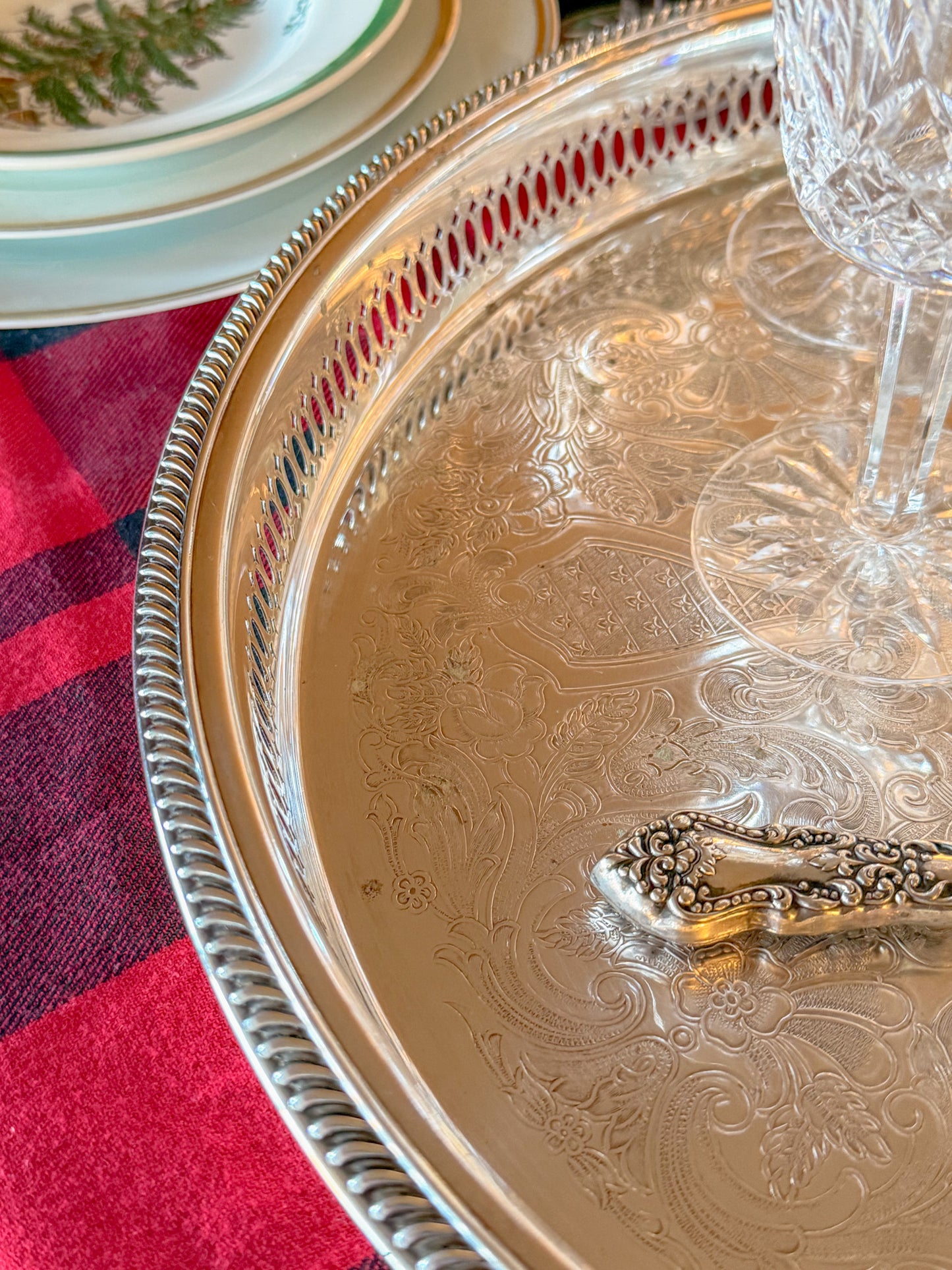 Large Vintage Etched Silver Plate Pierced Gallery Serving Tray, 15" Dia