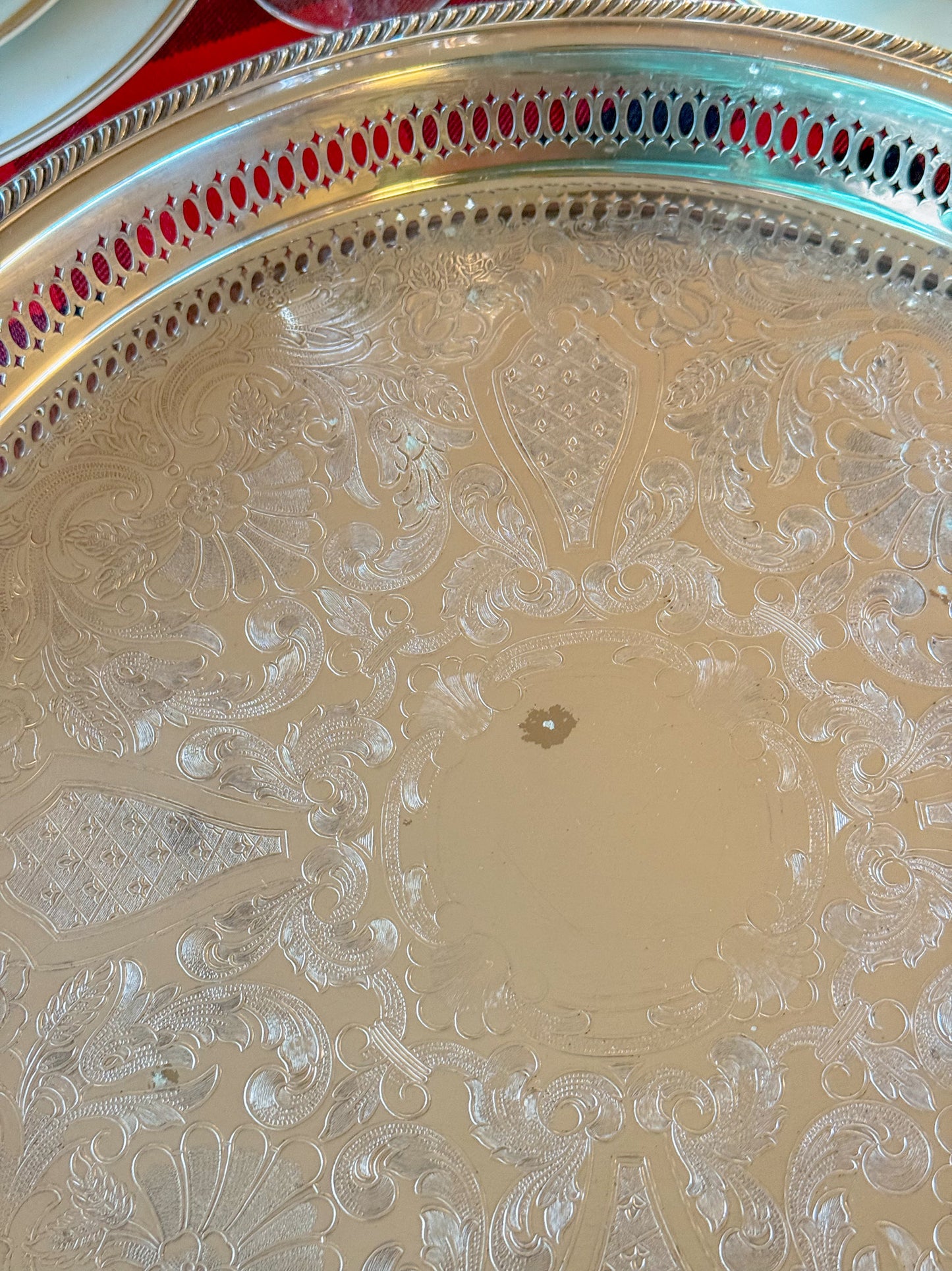 Large Vintage Etched Silver Plate Pierced Gallery Serving Tray, 15" Dia