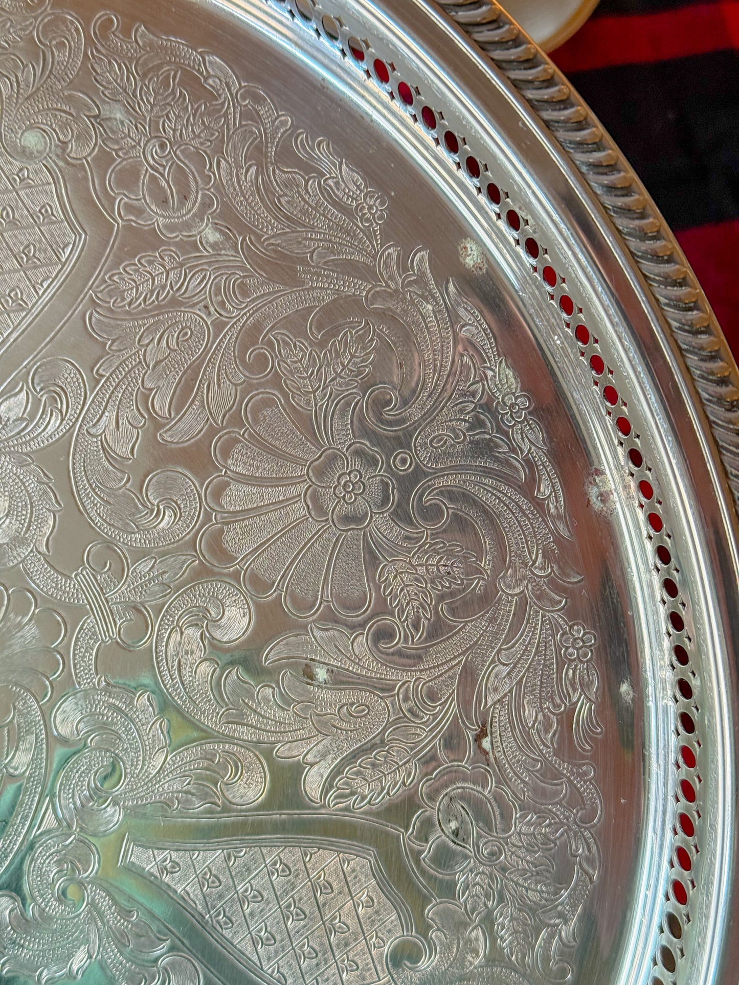 Large Vintage Etched Silver Plate Pierced Gallery Serving Tray, 15" Dia