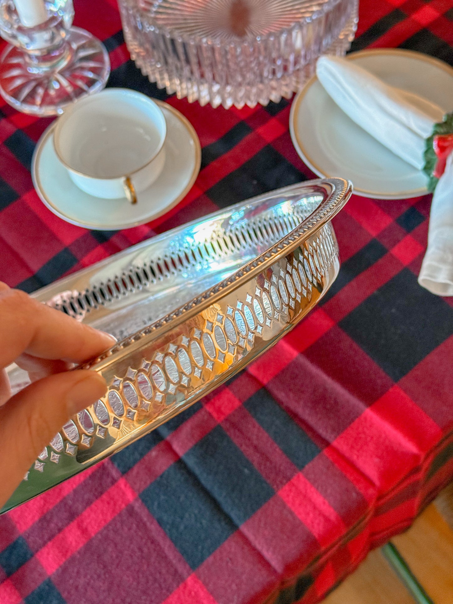 Large Vintage Etched Silver Plate Pierced Gallery Serving Tray, 15" Dia