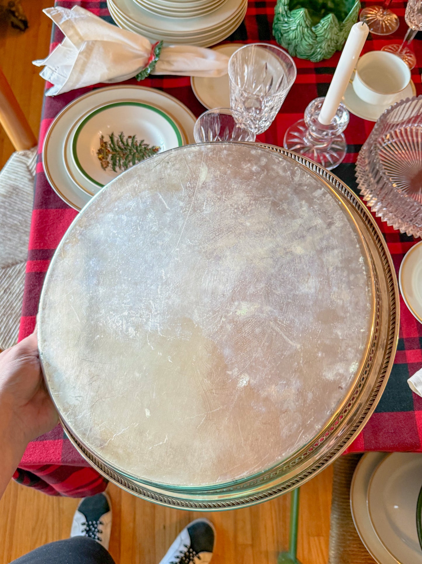 Large Vintage Etched Silver Plate Pierced Gallery Serving Tray, 15" Dia