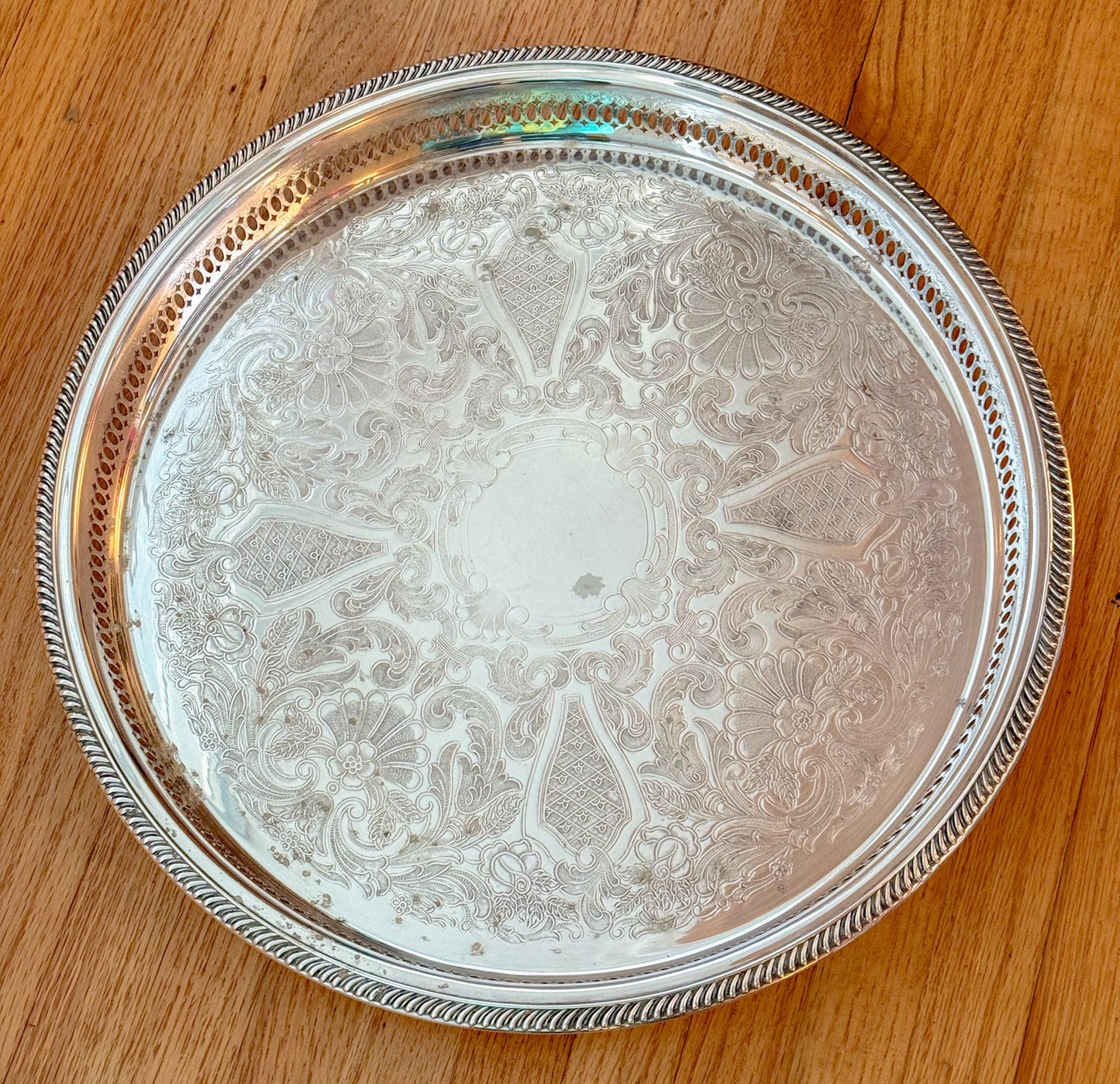 Large Vintage Etched Silver Plate Pierced Gallery Serving Tray, 15" Dia