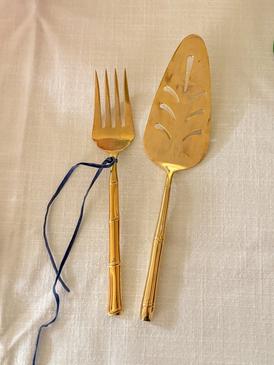 Vintage Gold Plated Stainless Bamboo Handle Servers, Set of 2