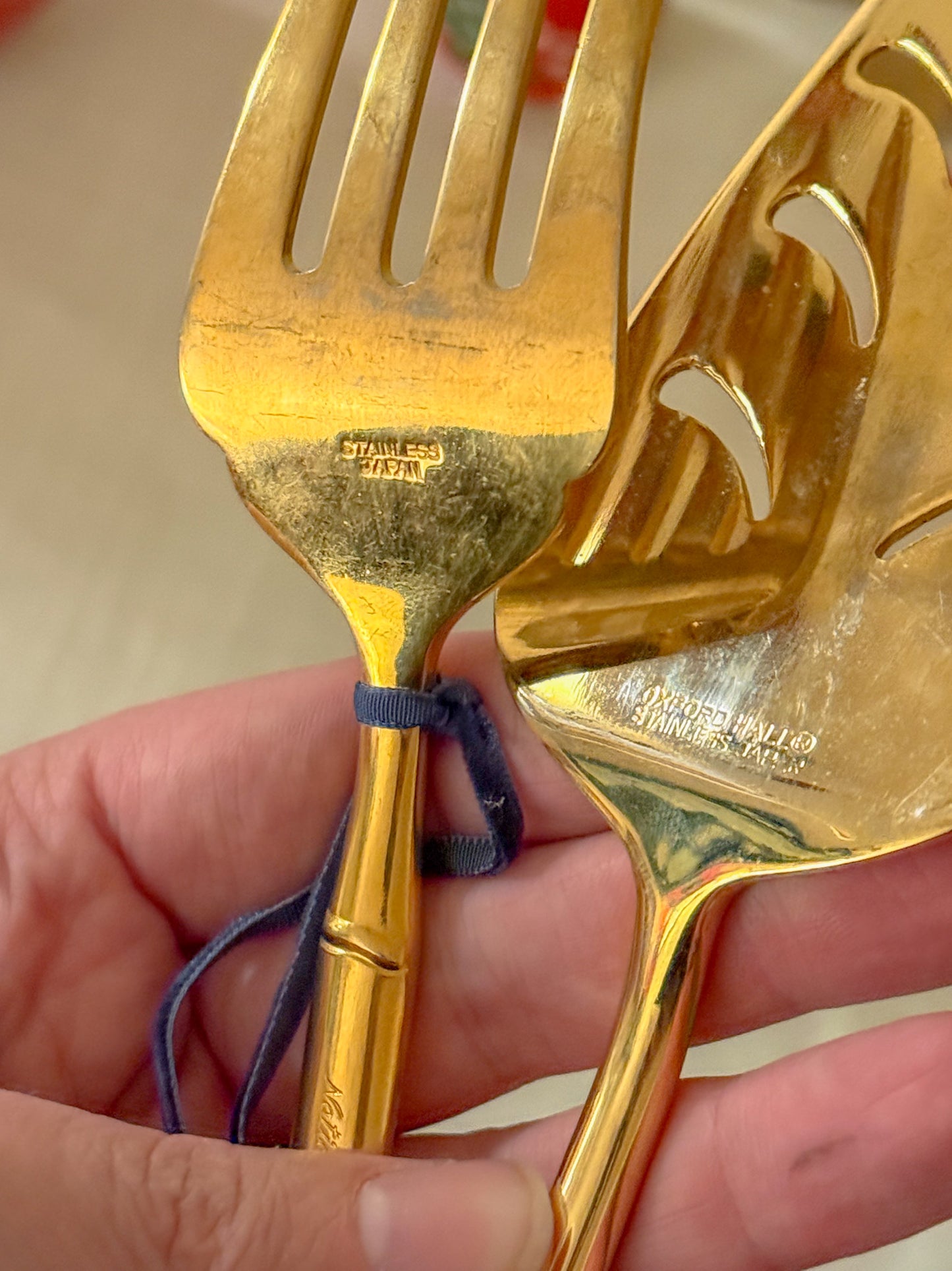 Vintage Gold Plated Stainless Bamboo Handle Servers, Set of 2