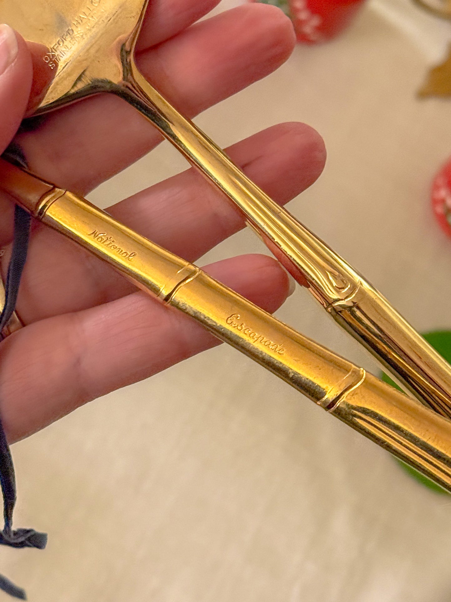 Vintage Gold Plated Stainless Bamboo Handle Servers, Set of 2