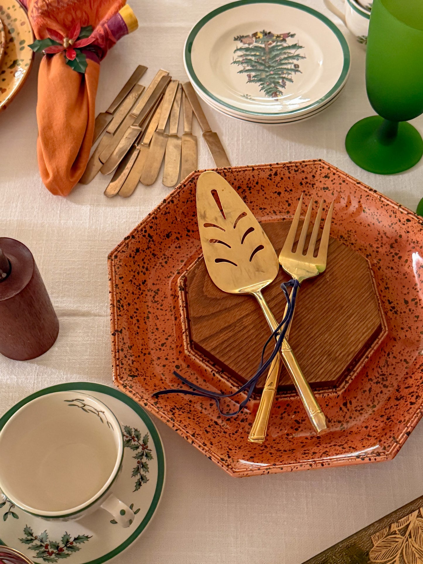 Vintage Gold Plated Stainless Bamboo Handle Servers, Set of 2